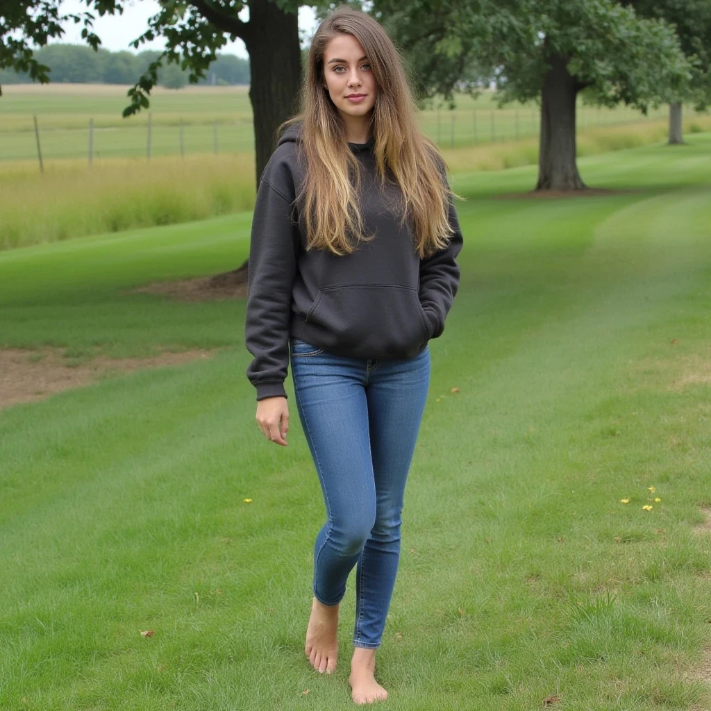 boring low quality snapshot, low-quality picture, realistic, age 22, tanned skin, clear face, long hair brown with blonde highlights, huge breasts, light green eyes, round ass, fit and proportionate figure, 5'4" tall, lowest quality, 1080 hd, She kicks off her shoes, toes in the grass, laughing at something you said warm, grounded, electric, wearing tight jeans, a baggy hoodie