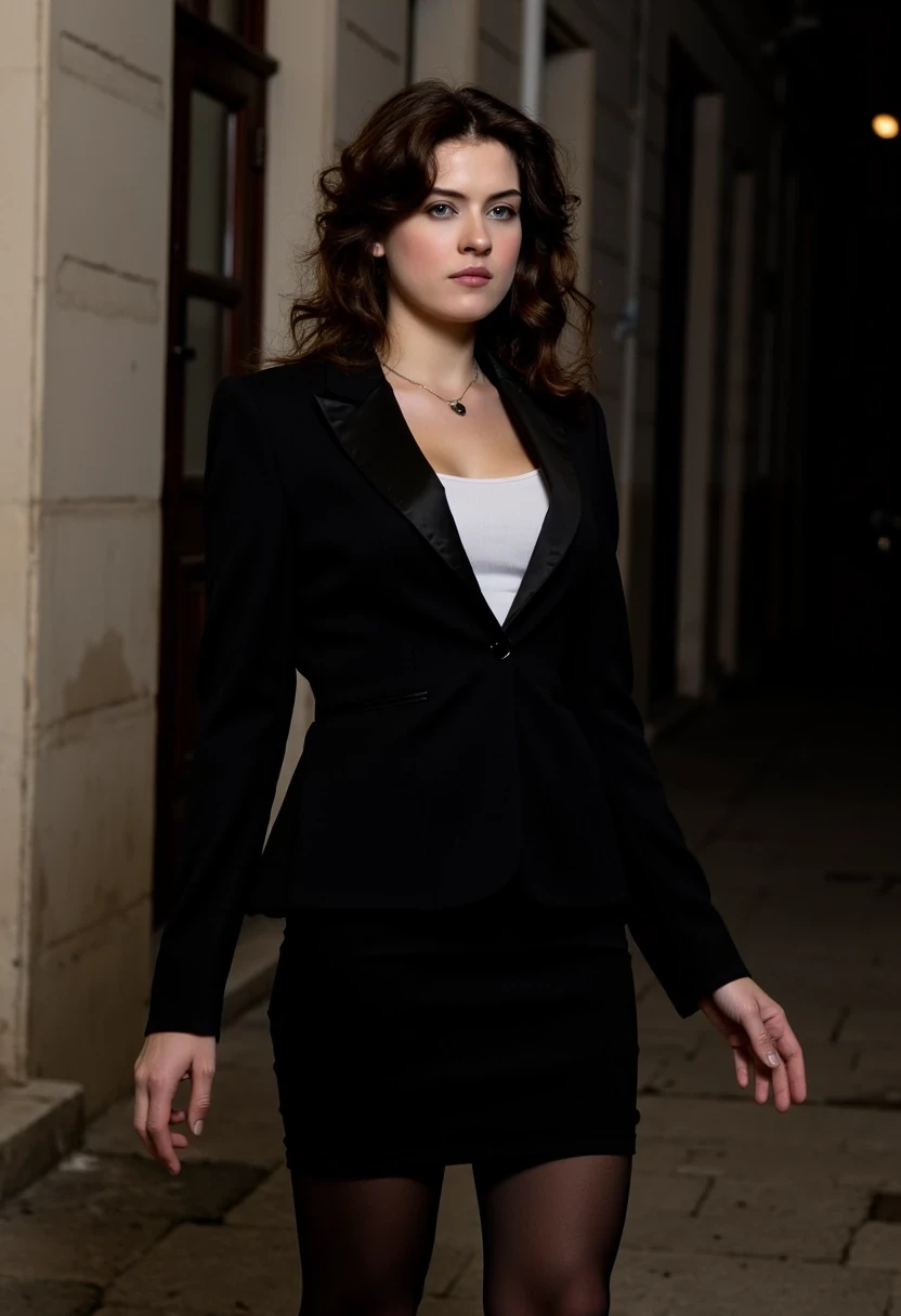 Woman CSTMDL, brunette, blue eyes, her hair are loose, she’s beautiful with a cold smile, wearing a tailored haute couture set, black blazer, black skirt, black tights and black high heels, elegant and modern, but very sexy. She also wears a white shirt under the blazer. Her clothes molds her sculptural body. Her expression is haughty and contemptuous. She looks like someone cold and unfriendly. Her skin tone is very white, (pallid), almost cadaveric. She’s wearing a small pendant. The background is a small deserted Parisian alley by (night). The light is very low, making the scene a bit worrying and frightening.