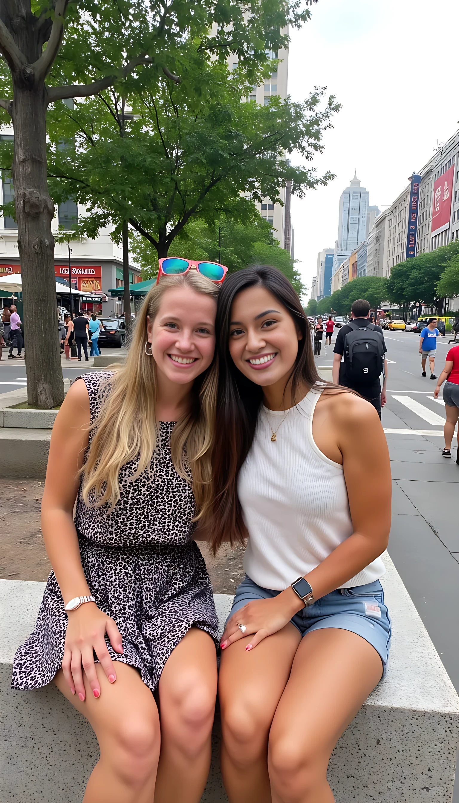 Two friends sitting on a stone ledge in a bustling cityscape. One wears a patterned dress and sunglasses perched on her head, while the other sports a sleeveless top and shorts, with long hair cascading down her shoulder. They are smiling, exuding a sense of joy and camaraderie. The backdrop features urban elements, including trees, high-rise buildings, and people walking along the street.