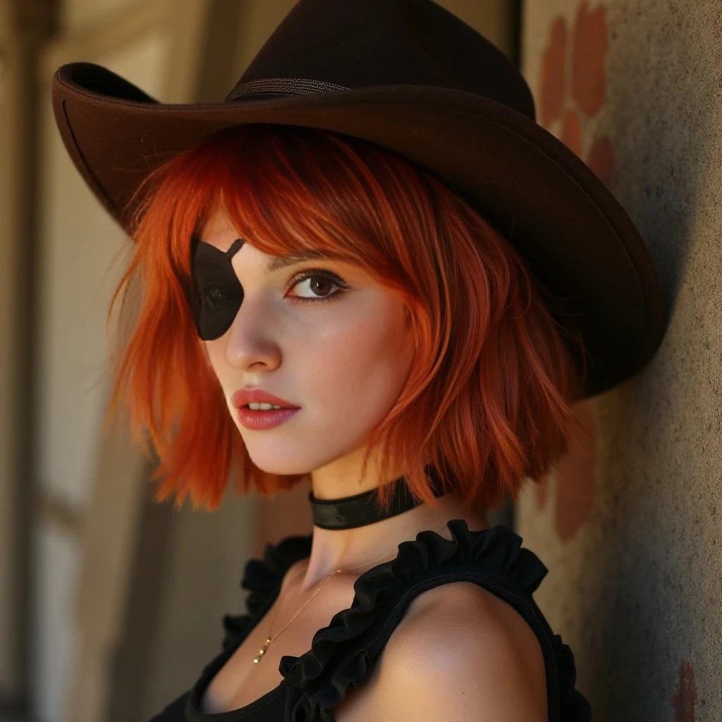 High quality photo Short silky red hair pixie wearing an eye patch over right eye and a brown Cowboy hat 