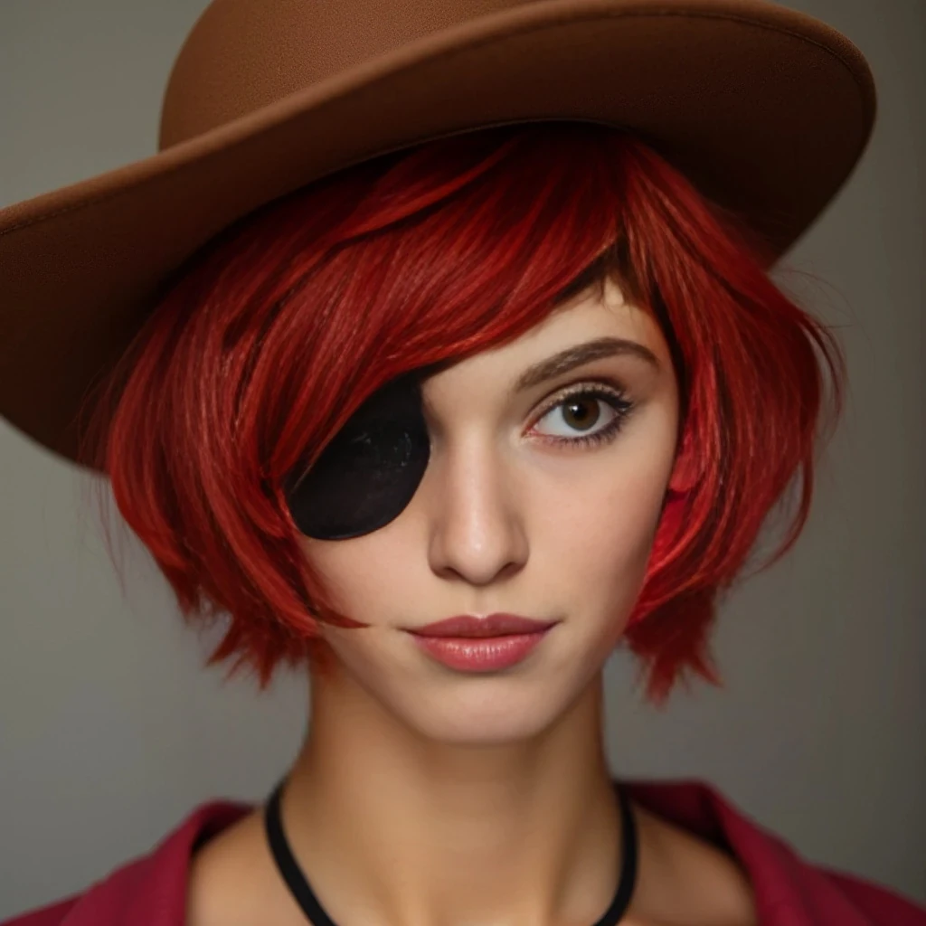 Highly quality photo Short silky red hair pixie wearing an eye patch over right eye and a brown Cowboy hat 