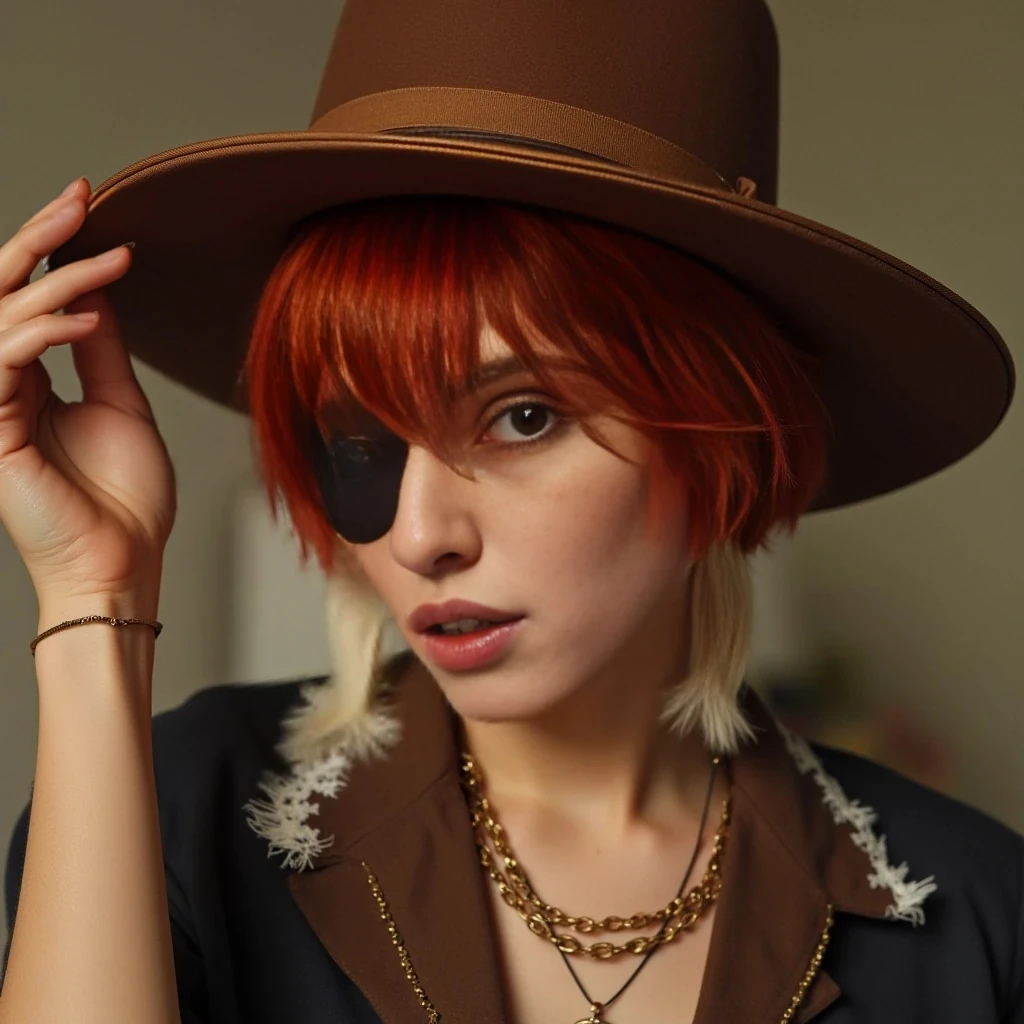 Highly quality photo Short silky red hair pixie wearing an eye patch over right eye and a brown Cowboy hat 
