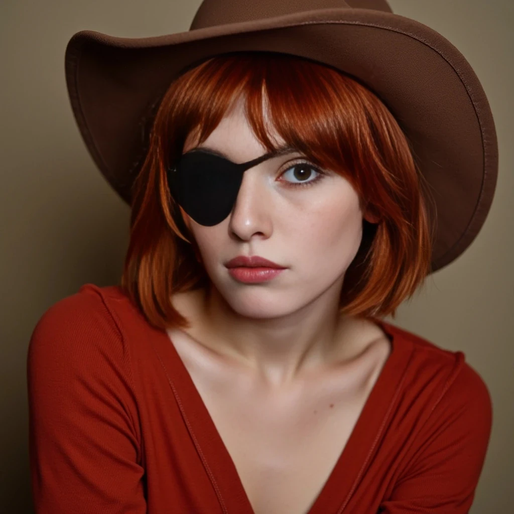 Highly quality photo Short silky red hair pixie wearing an eye patch over right eye and a brown Cowboy hat 