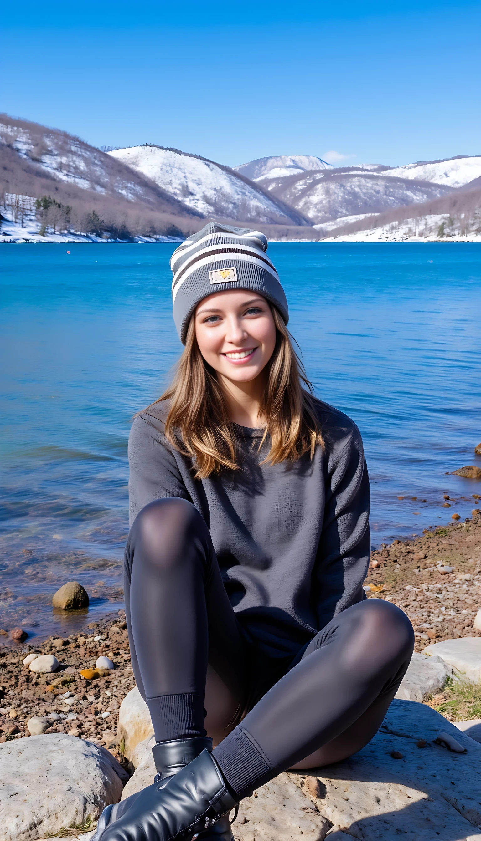 A person is sitting on a rocky lakeshore in casual attire, wearing a striped beanie and black boots. Their expression is playful, with one eye closed and a bright grin. In the background, there's a serene lake reflecting the snow-dusted trees and hills on a clear, sunny day. The sky is bright blue, adding to the crisp, outdoor atmosphere. CSTMDL 