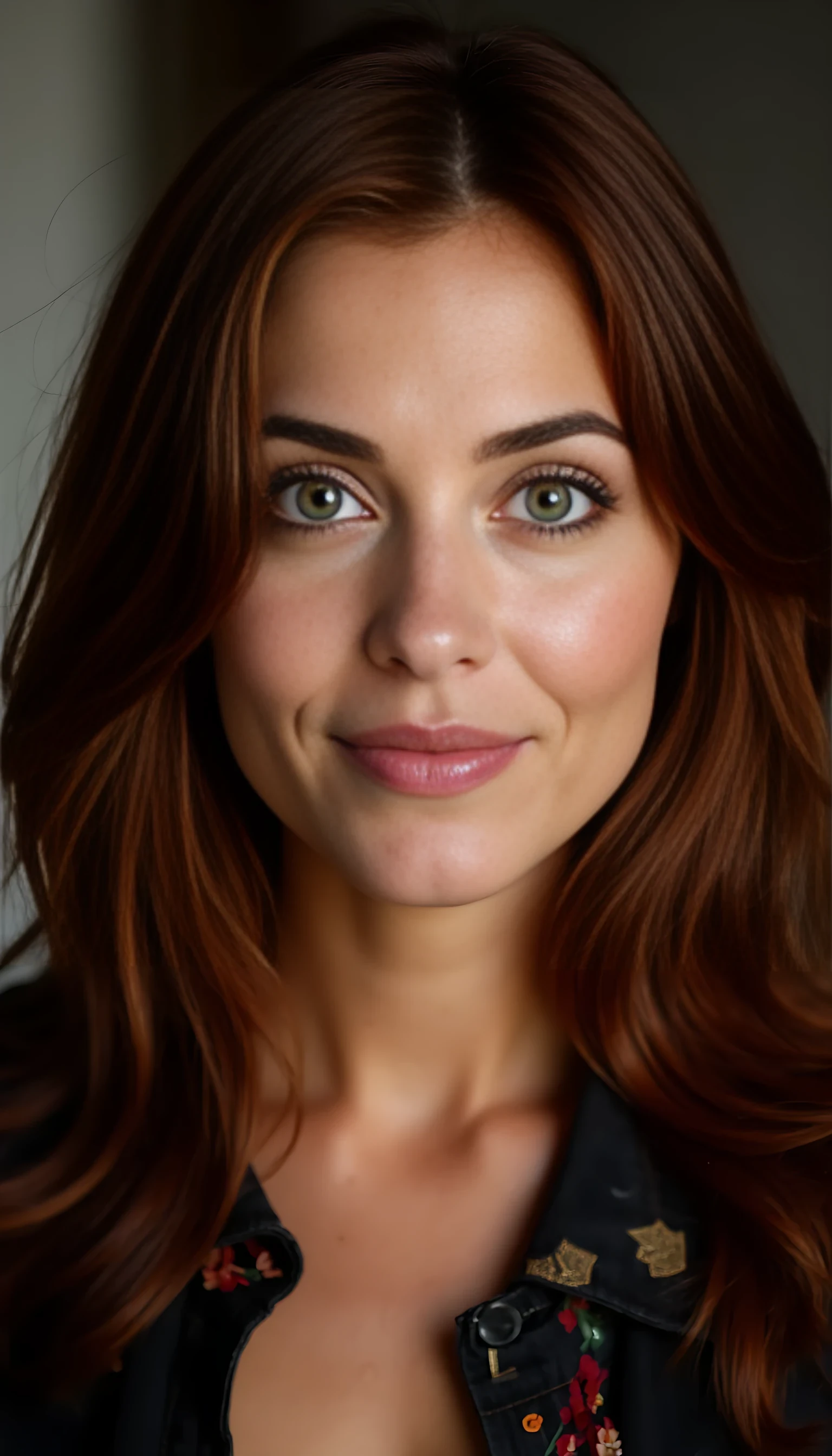 A portrait photo of a beautiful 42 years old model, mixed ethnicity of half white American half Brazilian, with dark auburn hair, piercing emerald eyes, ultra detailed eyes with sharp iris reflections, slight smile, studio-quality, extremely realistic HD and lightining