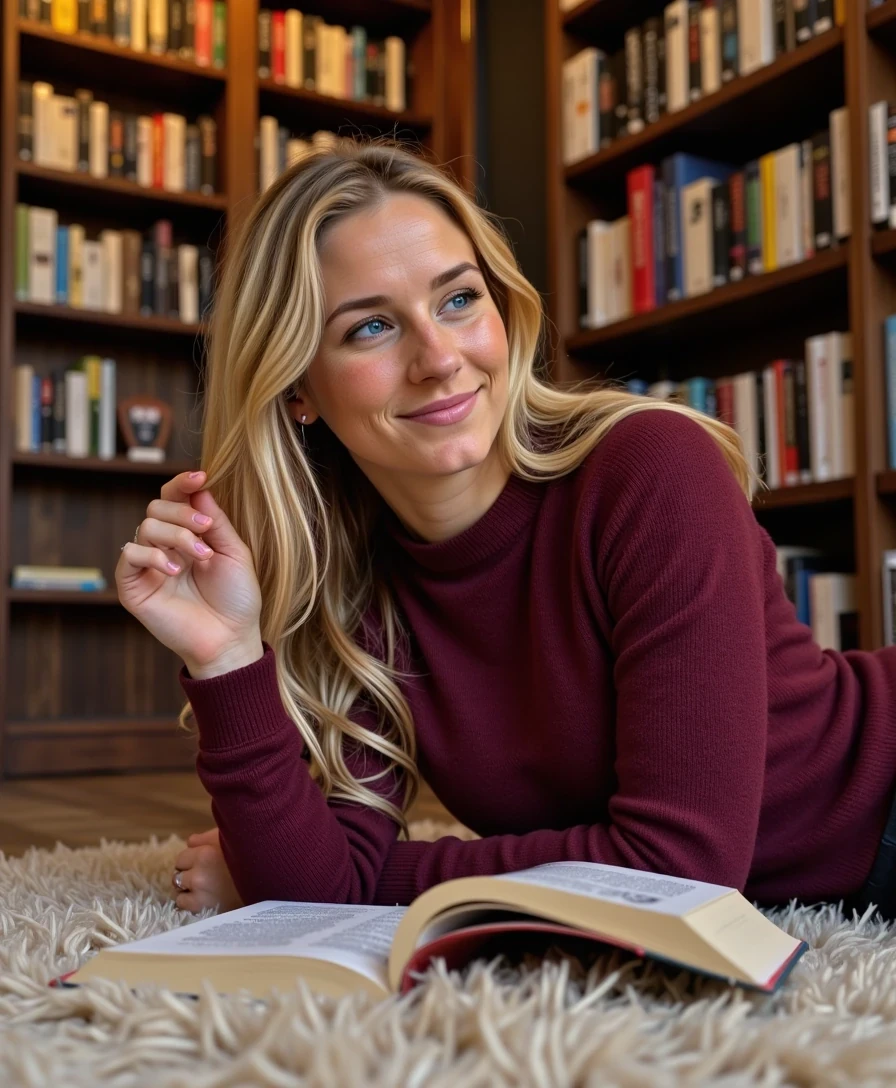 The image is a photograph featuring a young Caucasian woman, CSTMDL, with long, wavy blonde hair, reclining on a plush rug in a Durham bookstore. She wears a fitted, burgundy sweater dress, her hair fanned out like a halo. Her expression is dreamy, holding an open novel, with towering bookshelves and warm lighting behind her. Highly detailed, 8K, cozy intellectual style with deep reds and browns.