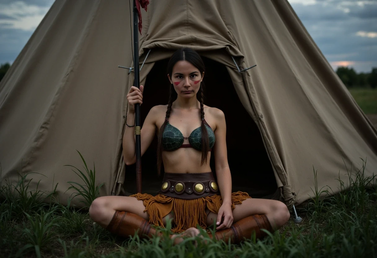 Medium shot photo of a beautiful 25-year-old with a slender athletic build. A Native American woman warrior with small petite, A-cup almost flat breasts, wearing native American Regalia, posing stoically in front of a round native American plains style tipi. The tipi is a large tipi, large enough for a small family. Set under dim natural sunrise light. The sun has barely begun to peek over the horizon. The image has a dull color palette, with the greenery of the ground around the tipi being dark green and browns cast with shadows and dull gray sky meets the sunrise on the horizon enhancing the moody atmosphere. The woman, who is Native American in appearance, has a slim athletic build and petite tiny almost flat breasts. She is wearing a top that  consists of two real turtle shells in a dark green palette, a turtle shell fitted over each breast and strung together to turn them both into a bra. They look rigid and tough like snapping turtle shells. They are real turtle shells. A smoked hide leather panties that are smoked golden brown in color. She is wearing heavy leather vambraces on her forearms that go all  the way up to below her elbow and leather wraps around her shins that go all the way up to below her knees. She is wearing a dark brown, thick, wide, leather kidney belt with circle brass plates as wide as the belt riveted around it's exterior from which a short fringe breechcloth is fitted to. The fringe is widely spaced, it is a golden smoked hide brown color. It drapes loosely overtop of her panties and down to just below her panties in length. It is widely spaced fringed you can still see her entire turtle shell bra and leather panties. She is wearing ankle height smoked hide moccasins on her feet. Her hair is Native American styled with 2 long braids. She is a fierce sight, a confident capable warrior. She weilds a long steel spear in her right hand with a small spear tip and a long shaft which is where her hand is gripped. There is a bundle of arrows in a smoked hide quiver on her back. She sits on the ground in front of the tipi with her legs spread apart towards the camera. You can see you can see her panties under her long fringe breechcloth. The woman is looking directly at the camera stoically without any other expression. She has red warpaint streaked in one straight line along her cheekbones. There is no explicit nudity visible. Cinematic shooting style. Romantic setting.