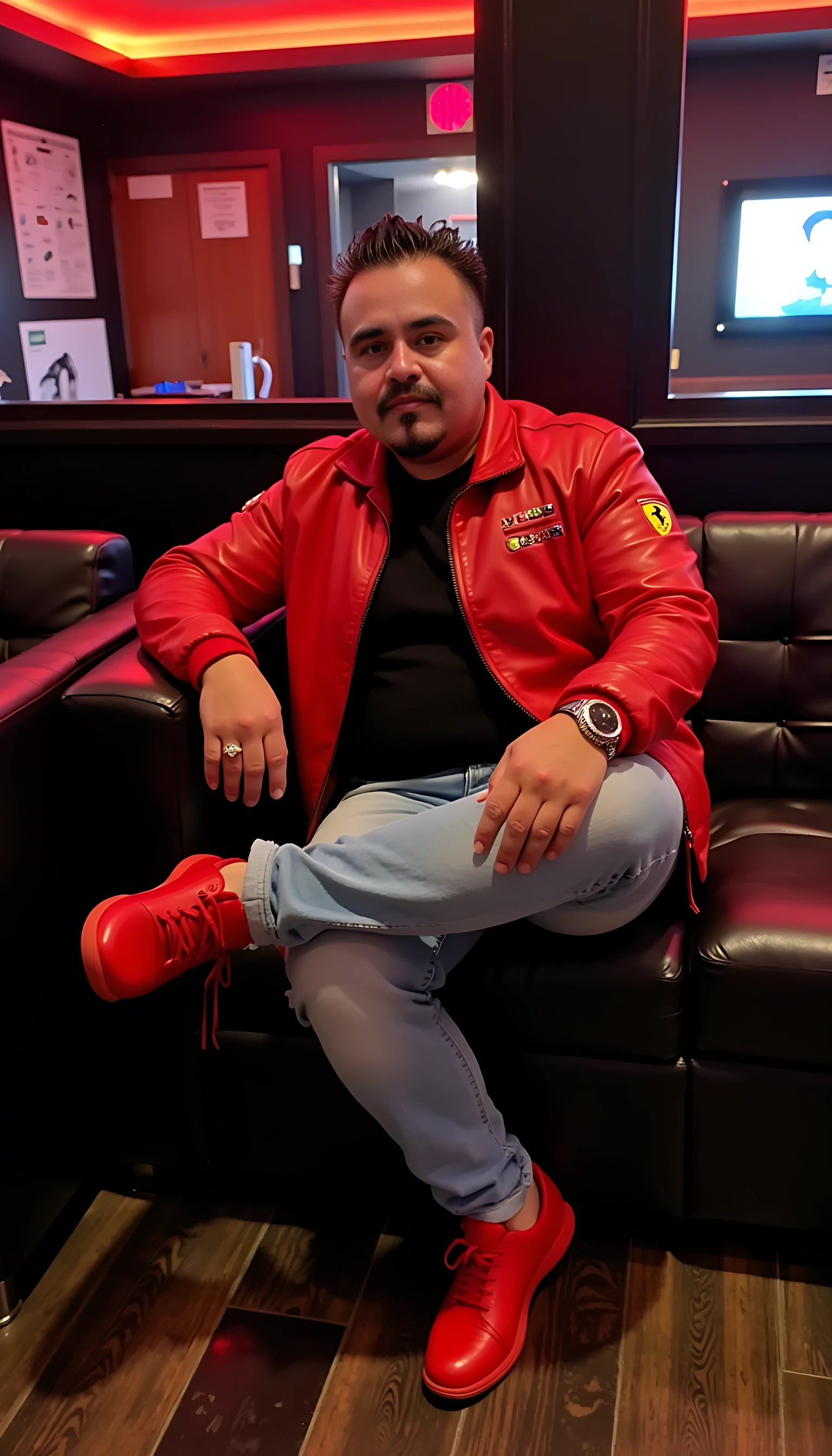 CSTMDL average man body  seating in a couch leg crossed wearing a light blue jeans with a red leather Ferrari logo jacket and red shoes  with a nightclub background 