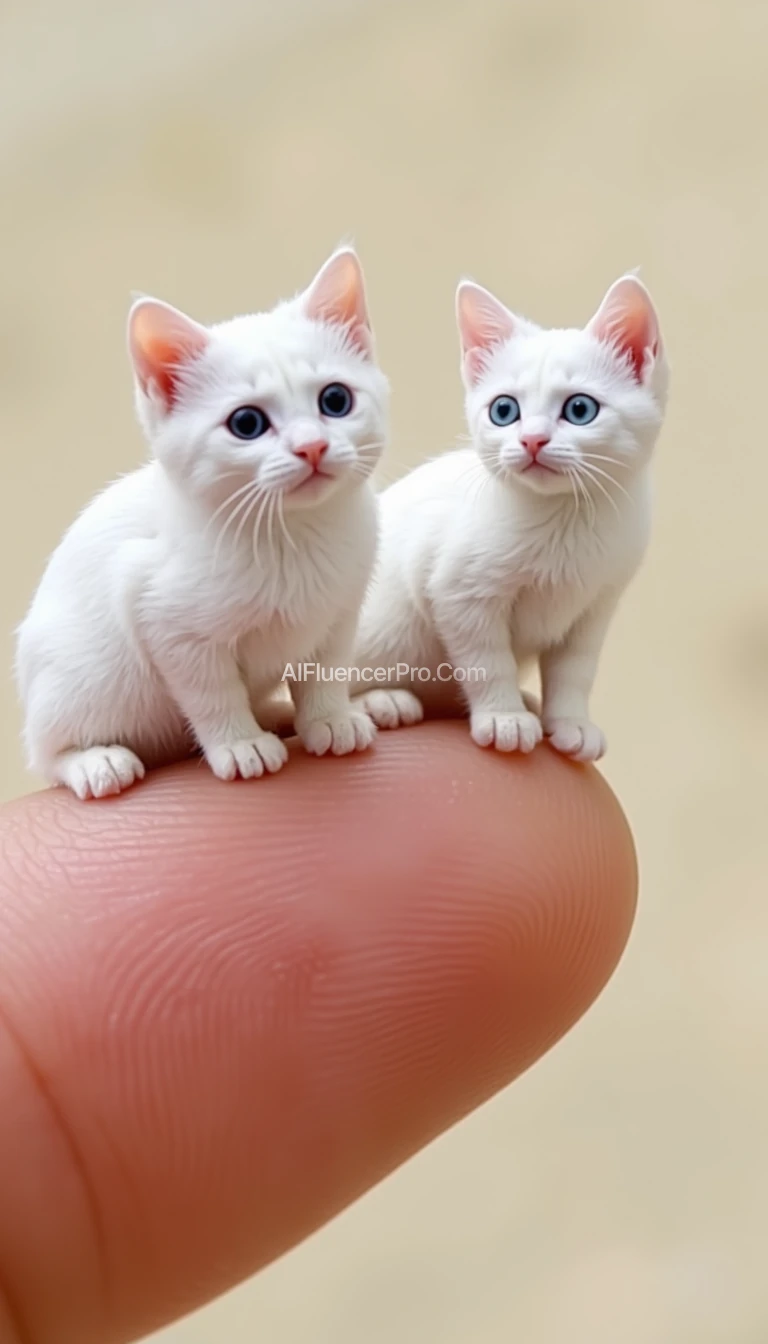 A highly detailed, creative close-up shot with a shallow depth of field, featuring two tiny white cats, approximately the size of a finger, perched on a human finger with a gentle curvature, the finger's skin tone a soft, warm beige, with subtle wrinkles and faint fingerprints, the fingernail a natural, healthy pink, as the cats' fur appears soft and fluffy, their bright, inquisitive eyes a piercing blue, their tiny noses and mouths delicately formed, one cat gazing upwards, the other looking downwards, creating a sense of playful curiosity, set against a blurred, creamy background that accentuates the cats' whiteness and the finger's gentle contours.