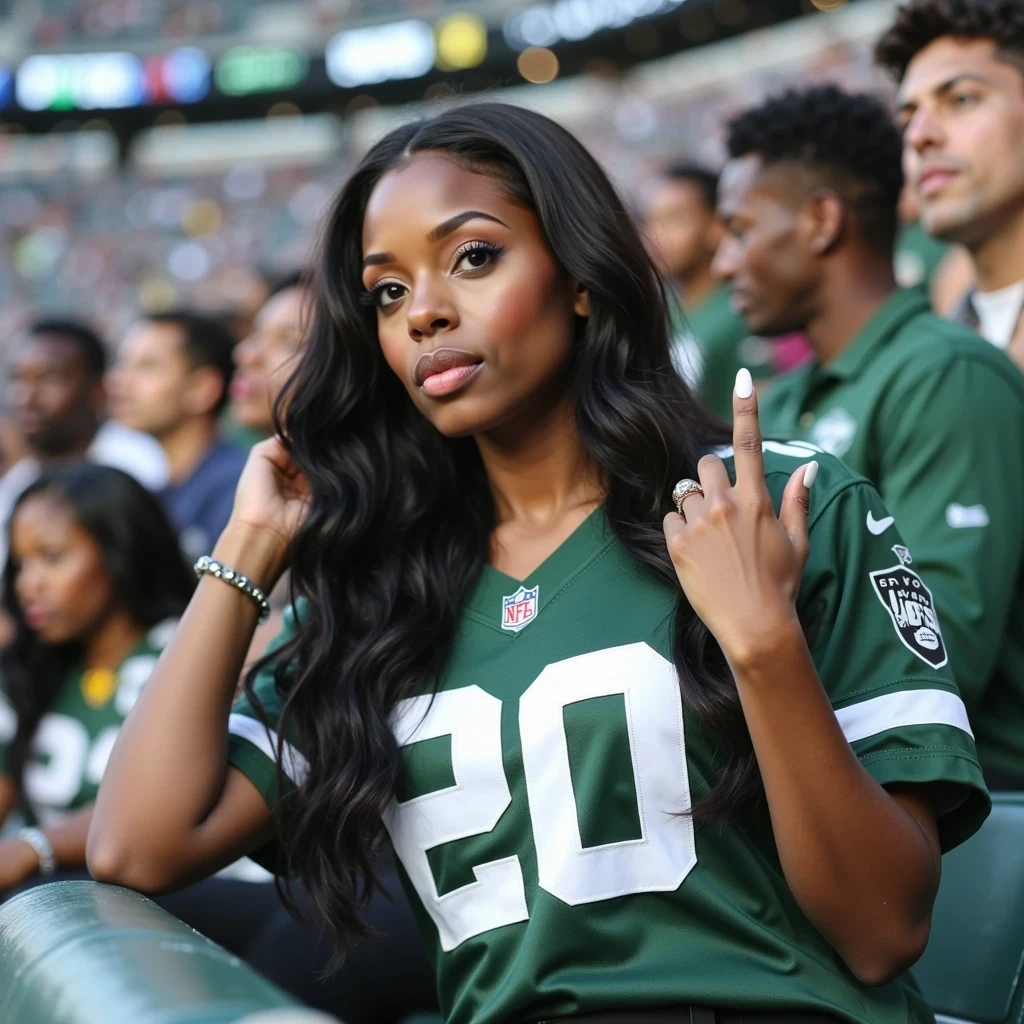 half body iphone selfie photo of woman CSTMDL. She’s at metlife stadium watching the jets and steelers game. She is sitting in the bleachers cheering for the jets. She’s wearing a jets football jersey with a hint of cleavage showing with black pants. huge croud of females and men wearing jets and steelers jerseys.

She has deep brown almond-shaped eyes and long, wavy black hair flowing over her shoulders. Her figure is curvy and feminine, with a confident presence. She has large breast and big butt. Her fingernails feature a long-length squared white French square manicure, and her toenails are polished in a matching French pedicure.

The shot should mimic a Snapchat selfie look — casual, slightly grainy, soft-focused, as if captured quickly on a phone. Her expression is relaxed, smiling slightly with a natural vibe and authentic selfie feel.