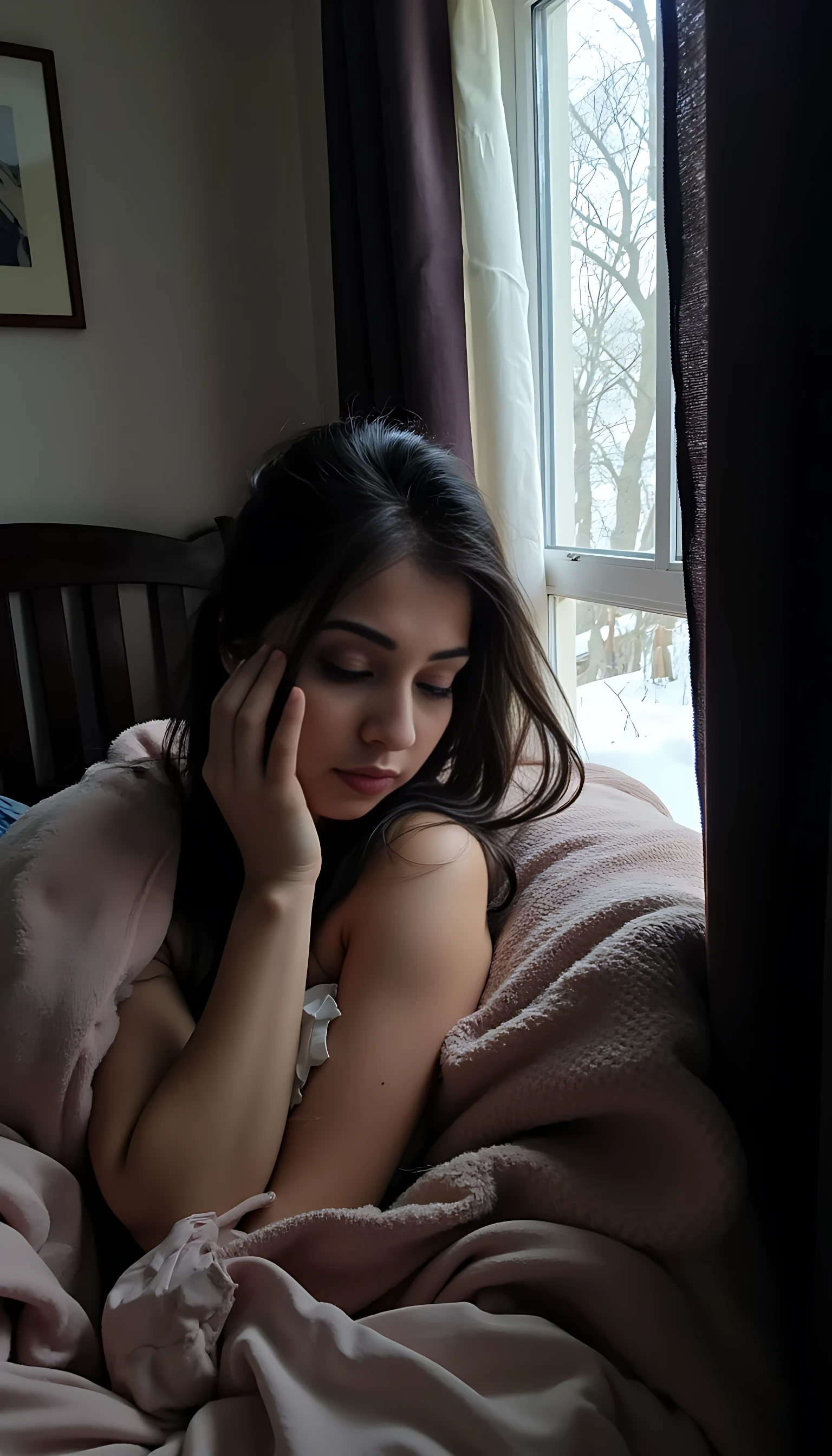 iphone portrait of CSTMDL woman, sleeping under blanket. Cosy room aith dim light. Window. Outside window heavy snowfall.  She is wering satin nighty. 