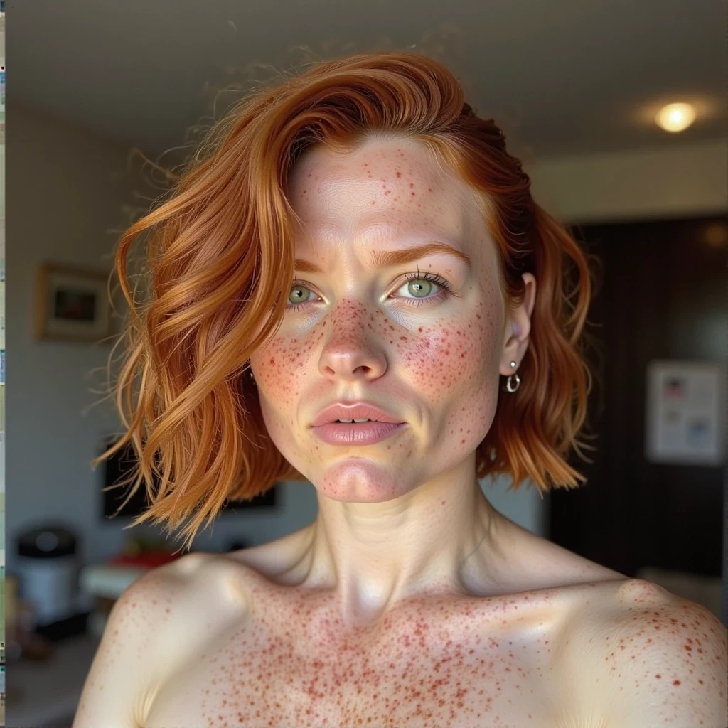 a  redhead with short wavy red hair, freckles, green eyes, she is curvy weighs 145 lbs, and has DD breasts,







