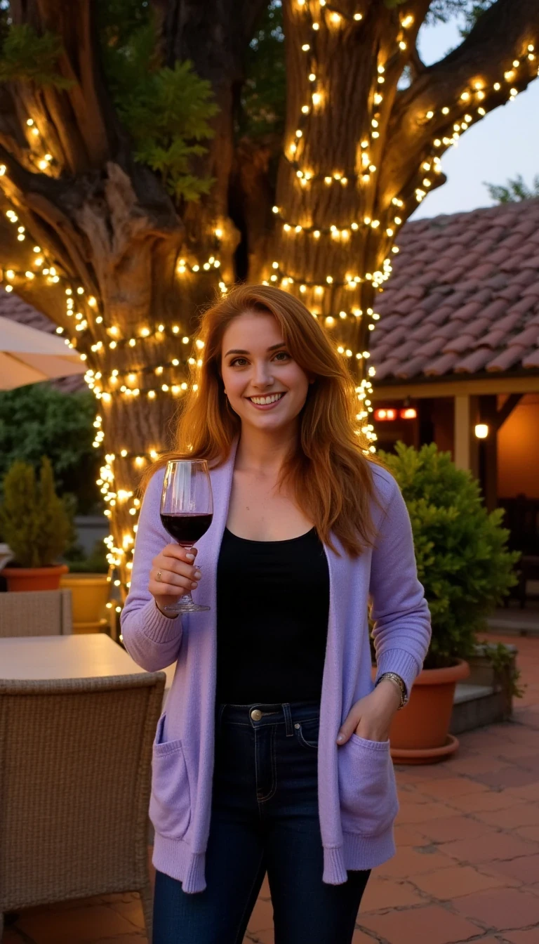 A full body shot photo of a woman standing outdoors at a cozy, warmly lit patio in the evening, with soft, glowing lights wrapped around a tree behind them creating a charming atmosphere. The image is rich in detail, with warm tones and clear textures throughout. The woman has fair skin, a slim build, and long reddish-blonde hair, also worn loose. She is smiling warmly at the camera, holding a glass of red wine in her right hand, and wears a soft-textured lavender cardigan over a black top. The background features a large tree with sparkling string lights wrapped around its trunk and branches, adding a magical touch to the scene. The setting suggests a private outdoor seating area, with elements like terracotta-tiled roofing, greenery, and rattan chairs contributing to a serene, inviting vibe. The overall composition is balanced, with the woman framed against the softly glowing tree, and the lighting enhances the warm, intimate feel of a quiet evening shared among friends. The details are vivid, with textures of clothing, skin, and background elements clearly visible, while the warm lighting creates a relaxed and joyful mood