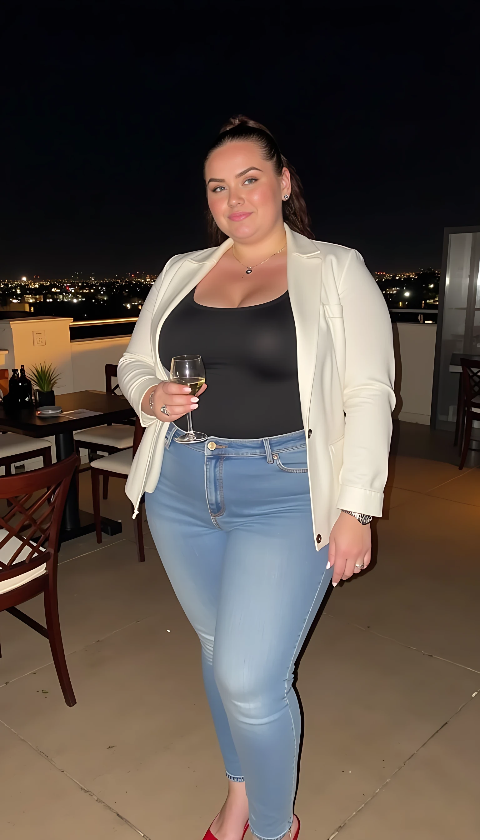  CSTMDL women curby body  blue eyes wearing light blue jeans and  white Ferrari jacket and Black undershirt red high heels wearing a rolex watch standing  smiling on a nice rooftop restaurant  with a glass of wine  night light background 