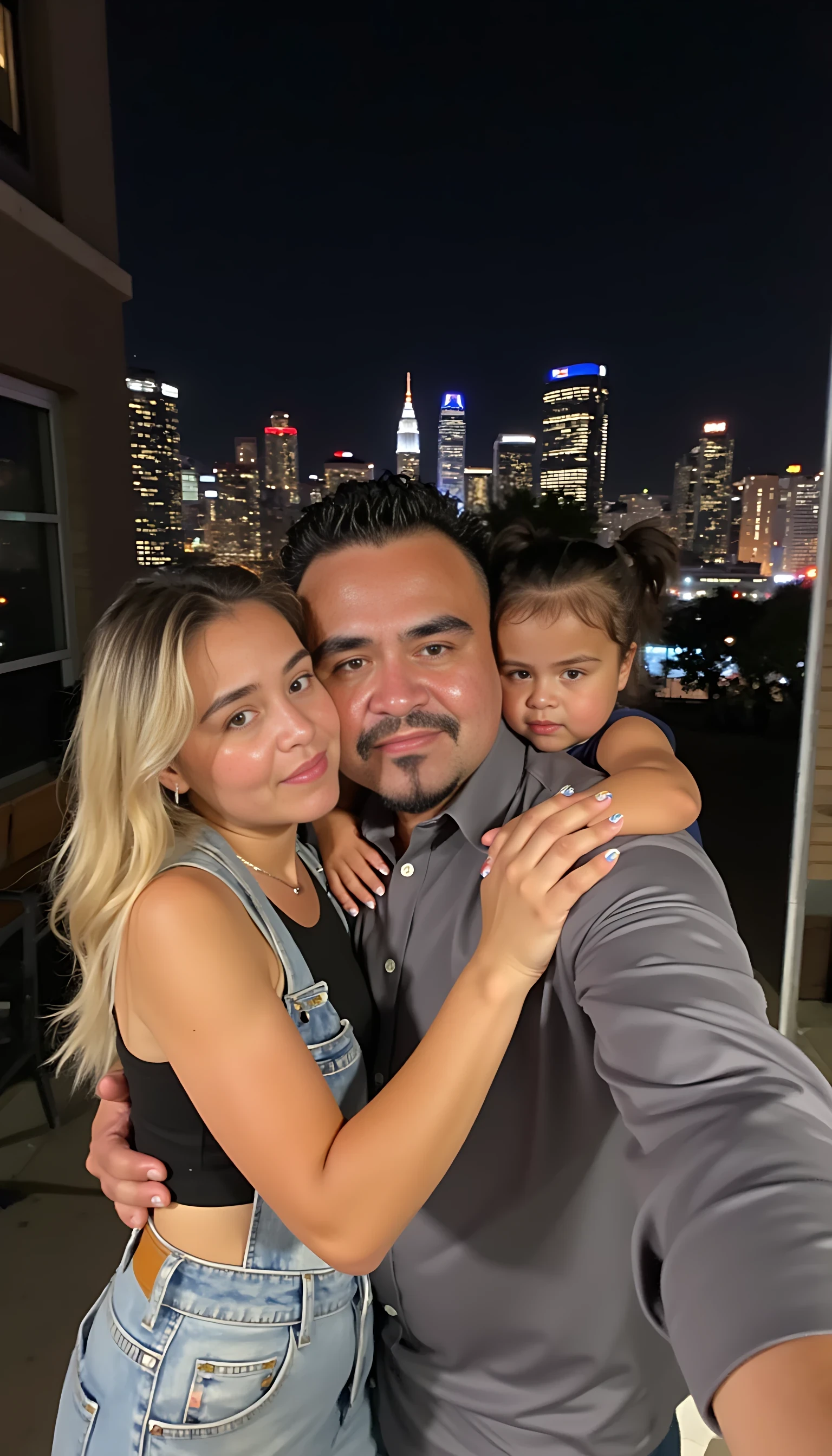 Selfie in a  mirror full man body wearing a  nice gray dress shirt   Hugging with 1 blonde girl with blue eyes and 1 Mexican girl in a  big city night lights background 
