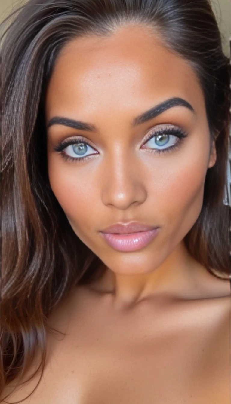boring low quality snapchat photo circa 2015, a woman model wearing crop top and shorts in luxury villa living room, instagram photo, instagram, hourglass figure, Dark hair. Blue eyes. Full lips. High cheek bones. Glowing skin. French girl. 
Face
	•	Structure: Amara has a softly sculpted, heart-shaped face with high cheekbones and a defined jawline that gives her an elegant, modelesque appeal.
	•	Skin Tone: Smooth, golden-caramel complexion with a radiant, airbrushed glow—suggesting luxury, health, and a premium skincare routine.
	•	Eyes: Almond-shaped eyes with a sultry, come-hither look—often lined with soft eyeliner and long, fluttery lashes. Her gaze is confident, seductive, and captivating.
	•	Lips: Full, plush lips with a natural pout—usually glossed or in a soft nude or berry tone, depending on her persona mood.
	•	Brows: Clean, arched brows that frame her face perfectly—feminine but powerful.
