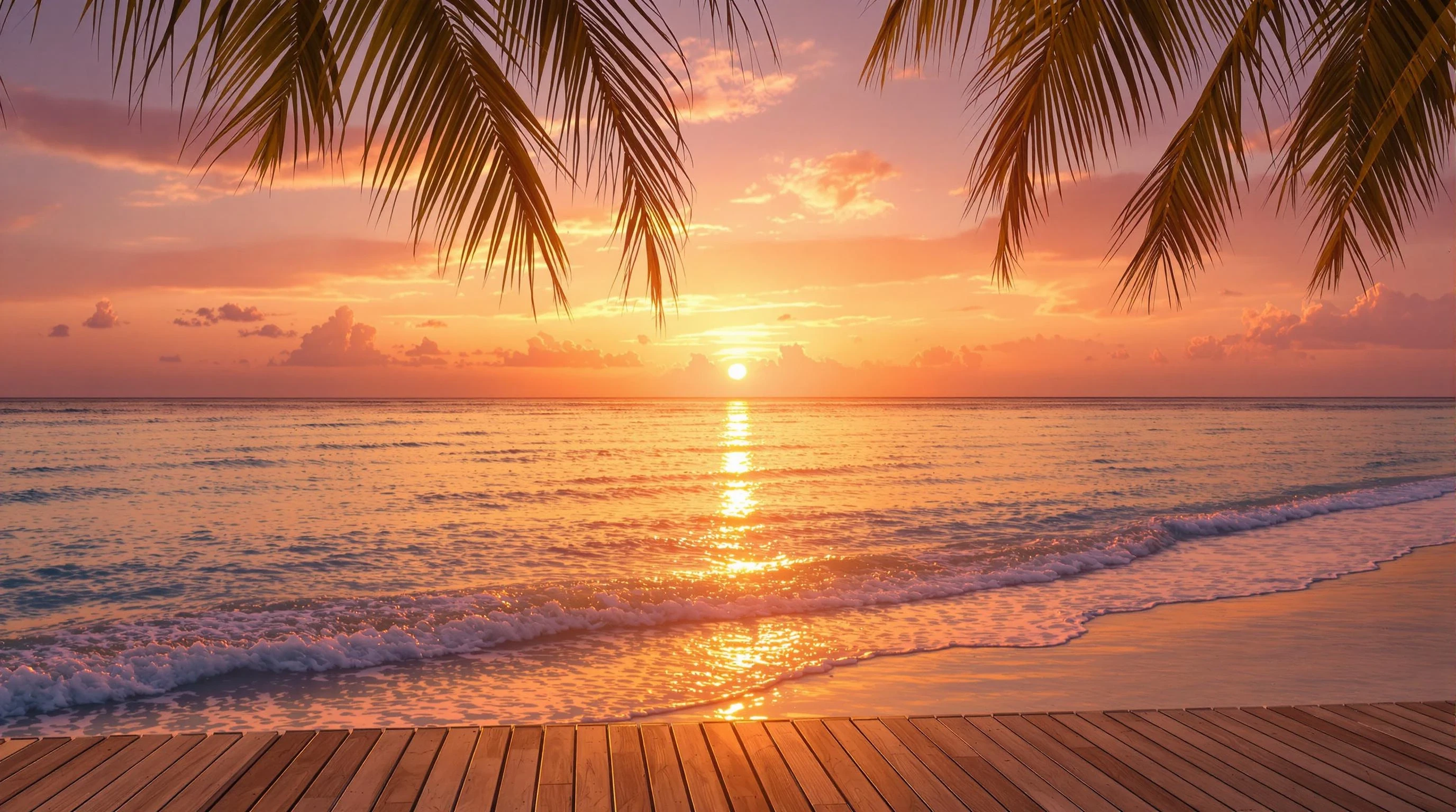 "A realistic tropical beach at sunset with soft golden light reflecting on calm water. A relaxed atmosphere with a glowing horizon, gentle waves, and a warm sky in tones of orange, pink, and purple. A modern wooden deck or beach hut partially in frame, some soft shadows from palm trees. Peaceful, cinematic mood. 4K ultra detailed photo-realistic.