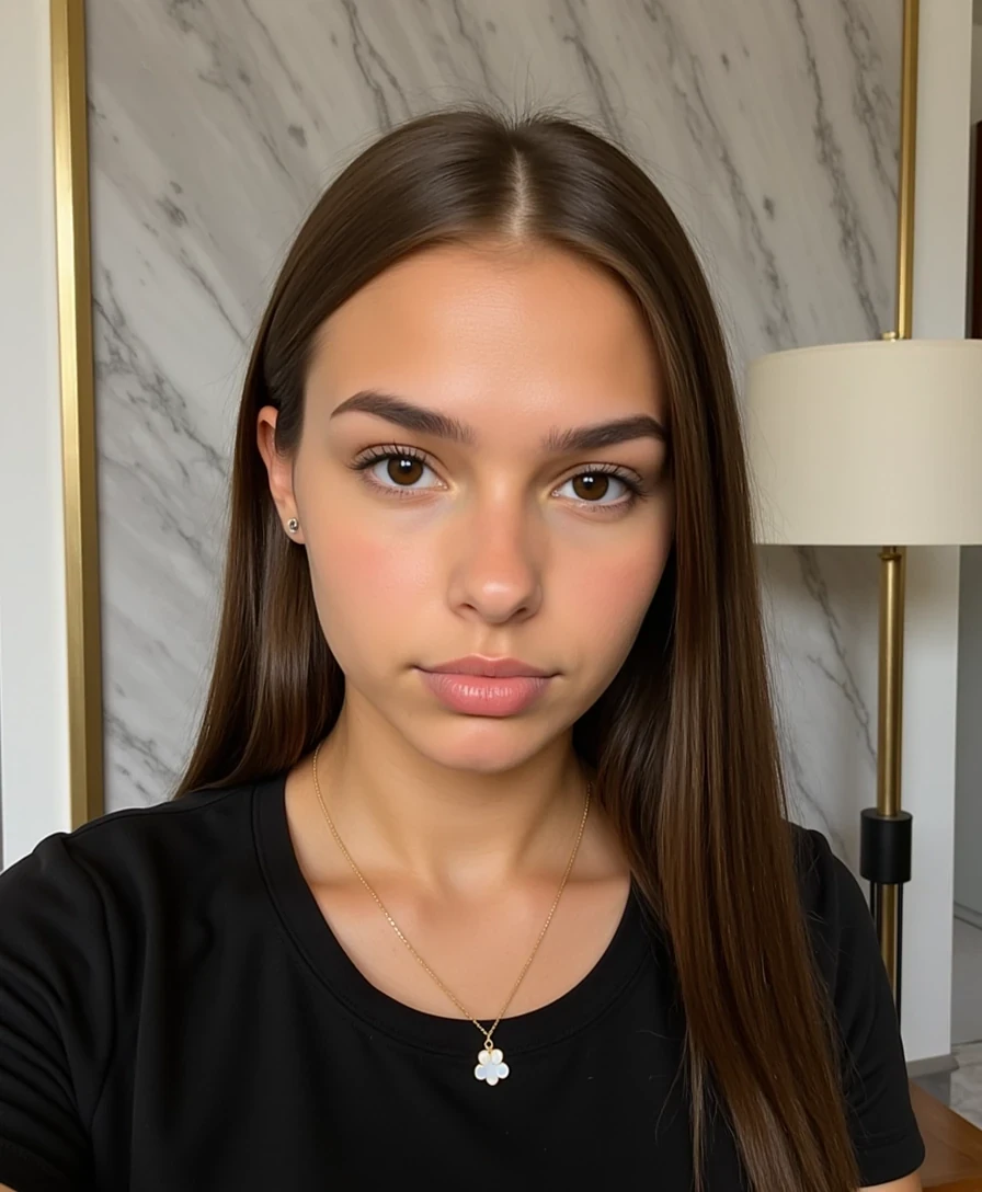 picture of a CSTMDL
Big tits. Large ass. No hip dips. Fit. Wide hips.
She is an 18-year-old girl with long, smooth, medium-dark brown hair (straight to slightly wavy), parted near the center. Her eyes are large, almond-shaped, and warm brown with full lashes and arched brows. She has an hourglass figure: height ~64 in, bust 36 in (28 in underbust), waist 24 in, hips 39 in. Bust is full and projected, waist narrow and flat, hips broad and rounded with lifted glutes. Thighs are full (~24 in), tapering to proportional calves. Arms are slim (~9 in upper arm), shoulders softly broad and balanced with hips. Neck medium, torso compact with a narrow ribcage, legs long relative to torso. Posture upright with mild anterior pelvic tilt. Skin is smooth, lightly tanned, and even-toned.
Scene/Background:
The image is taken indoors in a softly lit modern interior. Behind the subject, there’s a section of veined marble and brass-toned furniture, adding an elegant, refined backdrop. The neutral tones of the setting keep the focus on the subject.

Pose & Camera Angle:
The photo is a close-up portrait, framed from the chest upward. The subject leans slightly back into a cushioned seat, looking directly into the camera with a playful pout. The relaxed angle emphasizes her facial features while keeping the mood casual.

Outfit & Accessories:
She is wearing a black top, simple and fitted. Accessories include bold gold hoop earrings, paired with a delicate gold necklace featuring a clover-shaped pendant with a pale, pearly finish. The jewelry pieces add a polished contrast against the darker outfit.

Lighting:
Natural daylight softens the scene, highlighting her skin with a warm glow. The light reflects subtly off the gold jewelry, adding shine, while gentle shadows under the chin and neckline create dimension.

Mood/Vibe:
The mood is playful yet chic. The casual expression and direct camera engagement feel candid and relaxed, while the gold accessories and dark top elevate the look with a touch of sophistication. The photo balances authenticity with a subtle editorial polish.