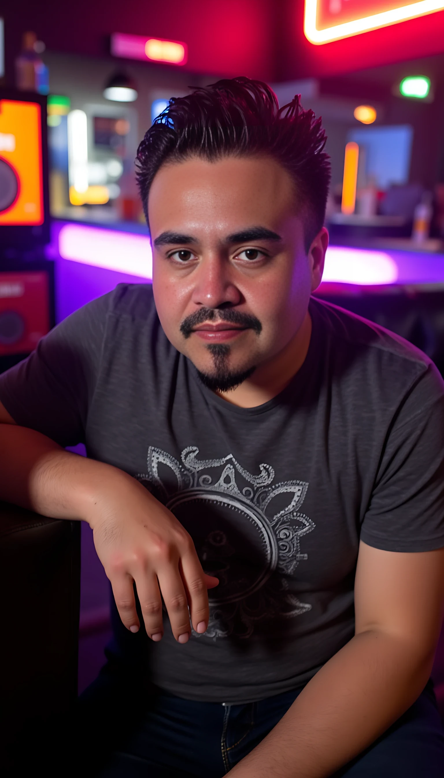 Man full average body with a beautiful blonde woman with blue eyes seating on his lab and a couch  with a night club background 