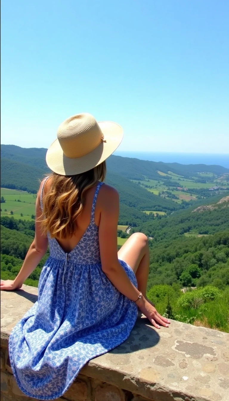 A low-quality Snapchat-style photo from around 2015, showing a young woman sitting on a stone ledge in a beautiful countryside landscape. She is wearing a blue and white patterned summer dress, with a wide-brimmed straw hat partially covering her face as she gazes out over the scenic view. The landscape behind her is lush and green, with rolling hills, fields, and scattered trees under a clear blue sky. Her pose is relaxed, with one hand resting on the stone ledge and the other adjusting her hat. The atmosphere is peaceful and summery, capturing a quiet moment of enjoying nature.
