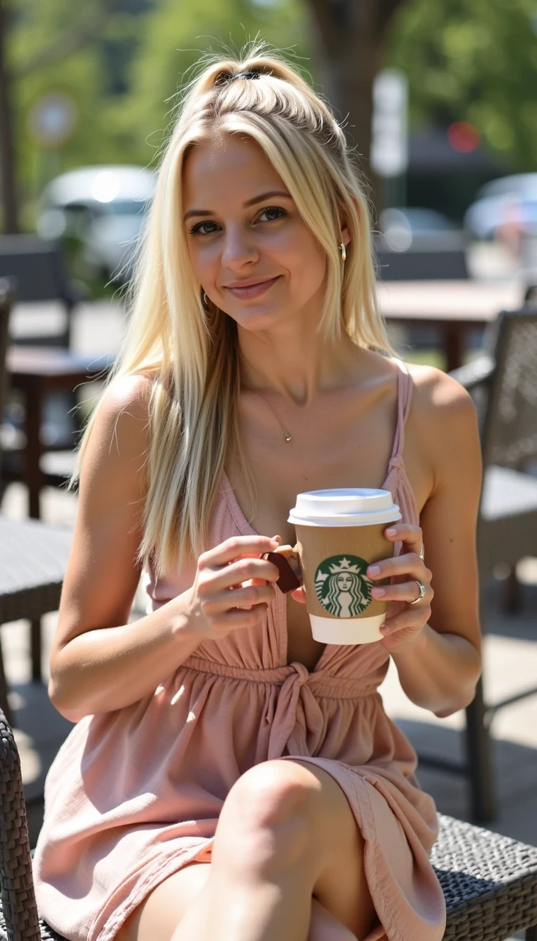 Tan young blonde with long blonde hair in a pony tail wearing a sundress with a coffee sitting outside