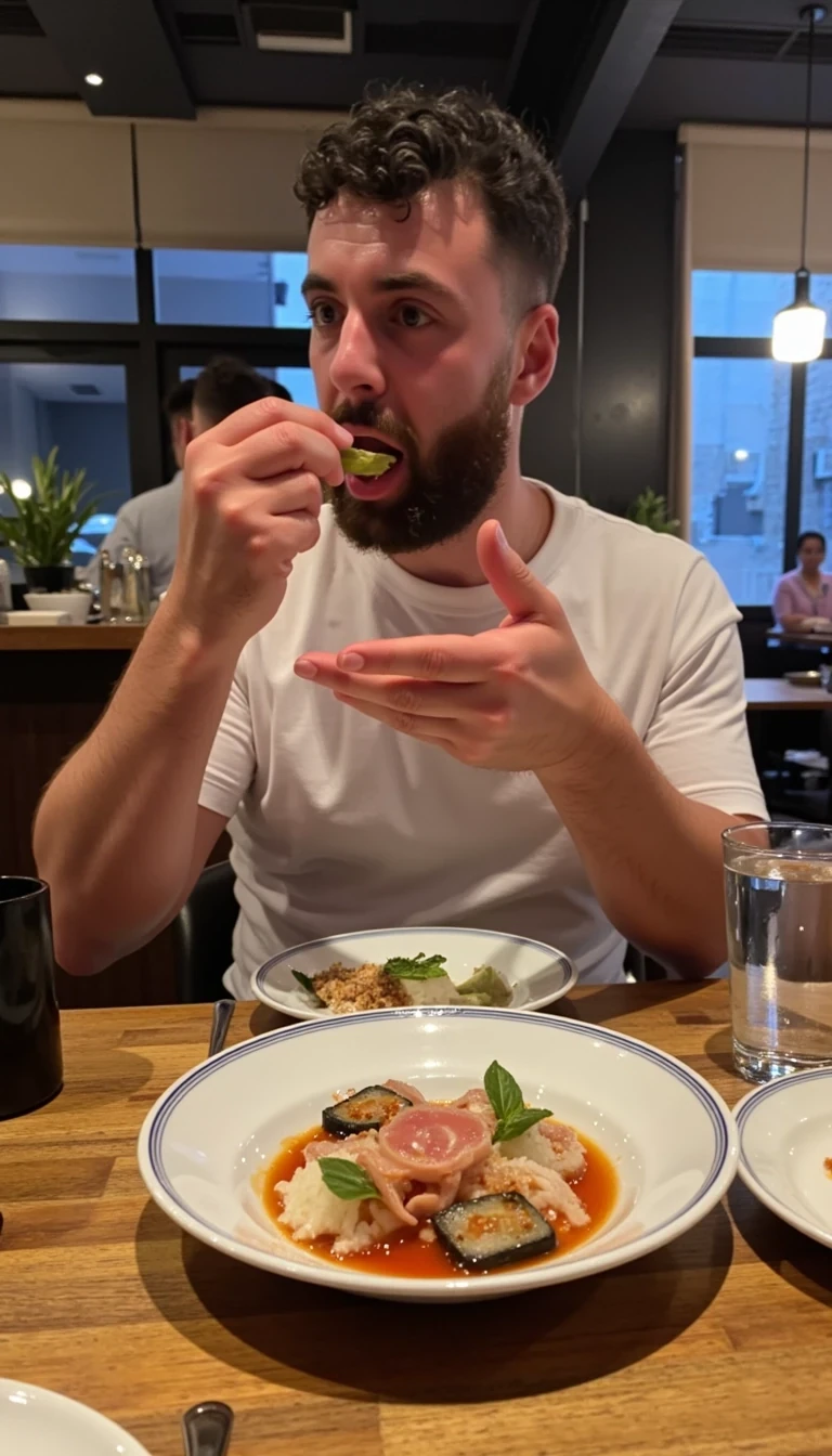 photo of man CSTMDL, fully clothed, eating poop in a very expensive sushi restaurant