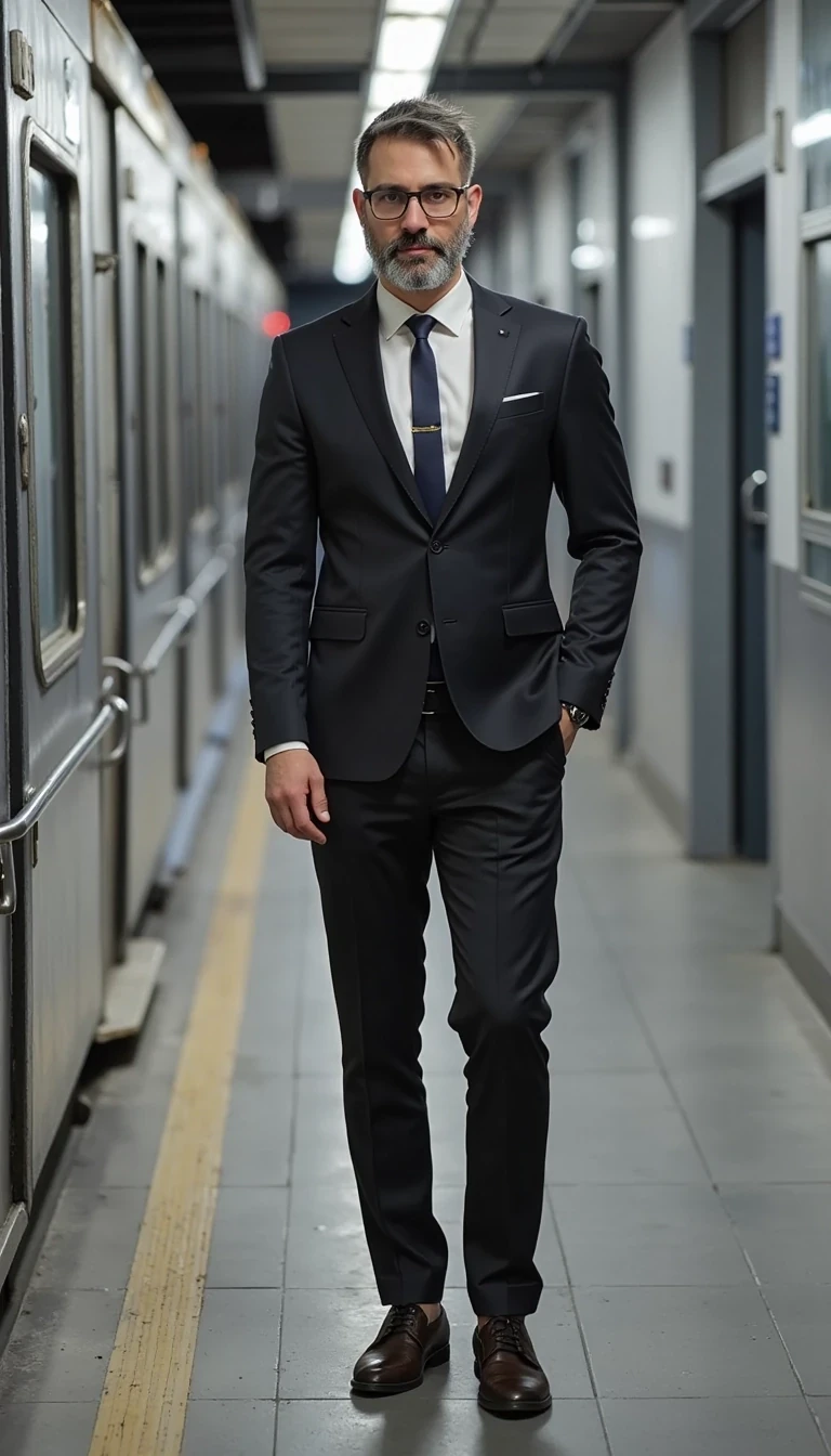Full body image. make him more realistic and identical to the train model. Businessman with modern and expensive fashion outfit. He is wearing a suit and modern Ray-Ban reading glasses. Slim but muscular build. He is facing the camera directly, as if posing for a LinkedIn profile picture. He looks like a CEO of a huge corporation.