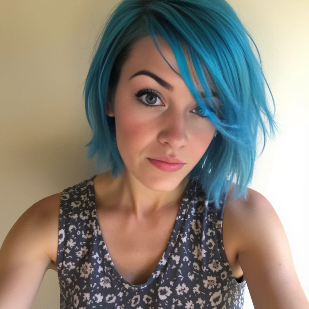 boring low quality snapchat photo circa 2015, cute woman, short blue colour hairs, full outfit