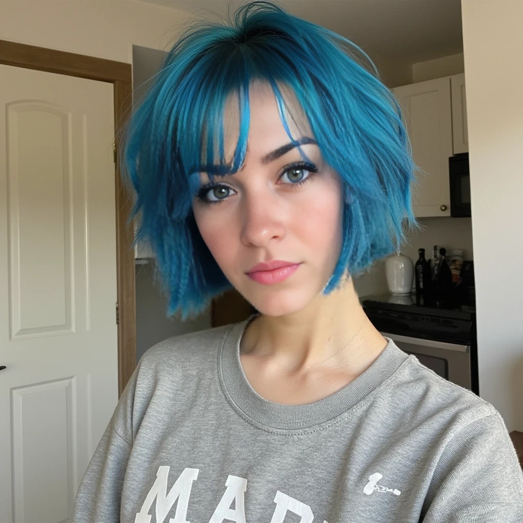 boring low quality snapchat photo circa 2015, cute woman, short blue colour hairs, full outfit