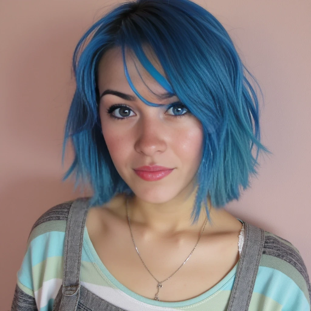 boring low quality snapchat photo circa 2015, cute woman, short blue colour hairs, full outfit
