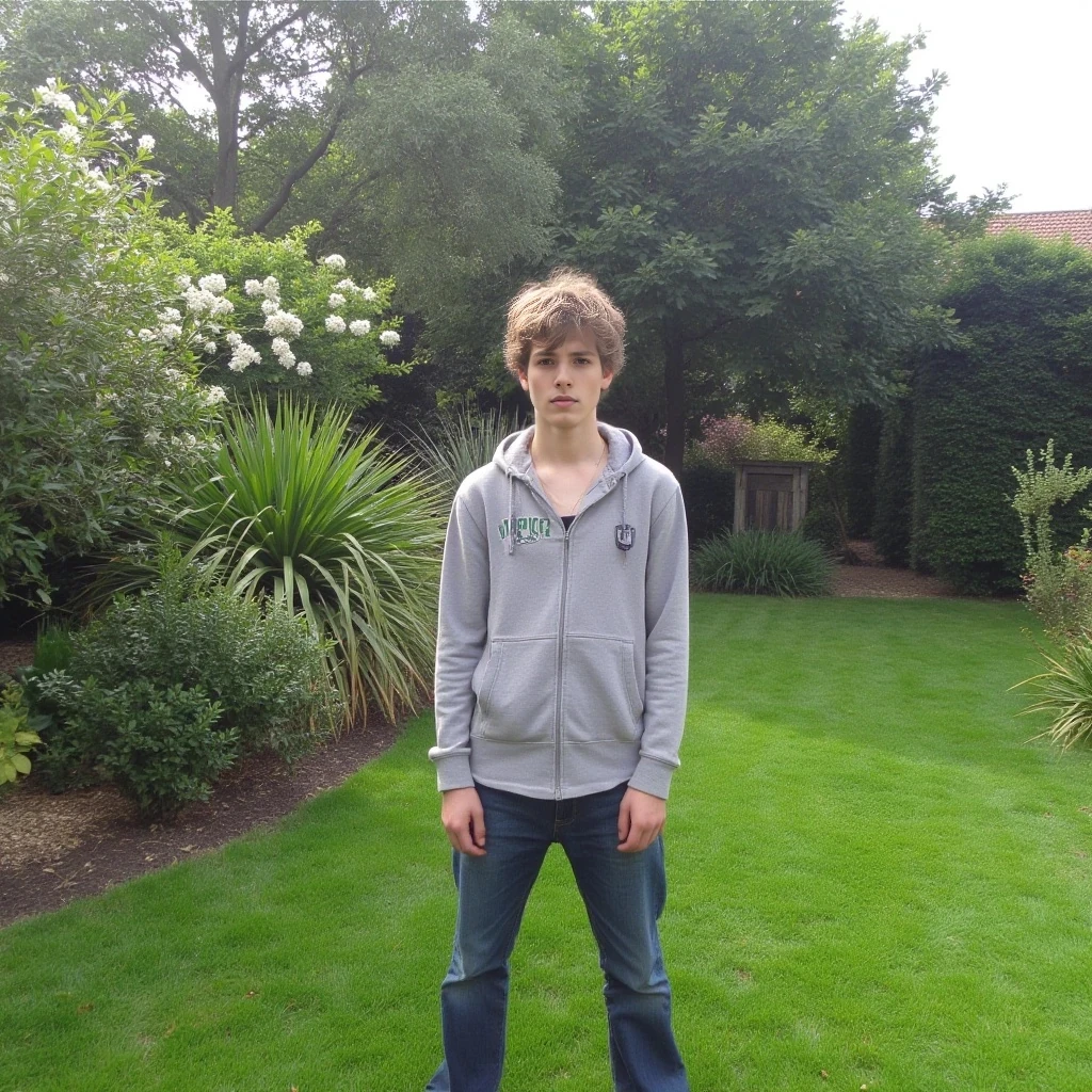 boring low quality snapchat photo circa 2015, cute male teenager, standing, full body in the garden
