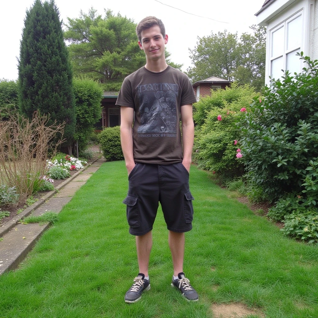 boring low quality snapchat photo circa 2015, cute male teenager, standing, full body in the garden