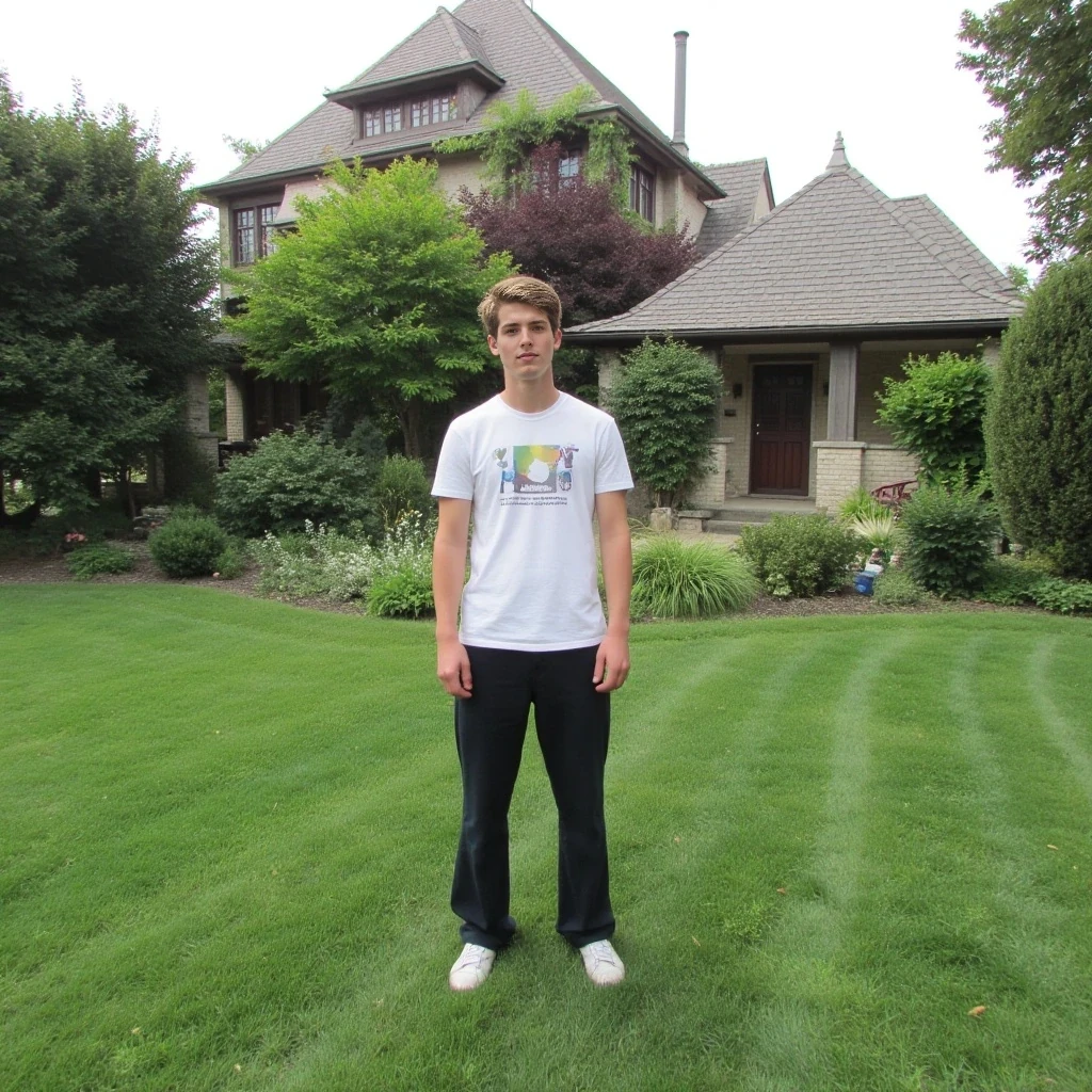 boring low quality snapchat photo circa 2015, cute male teenager, standing, full body in the garden