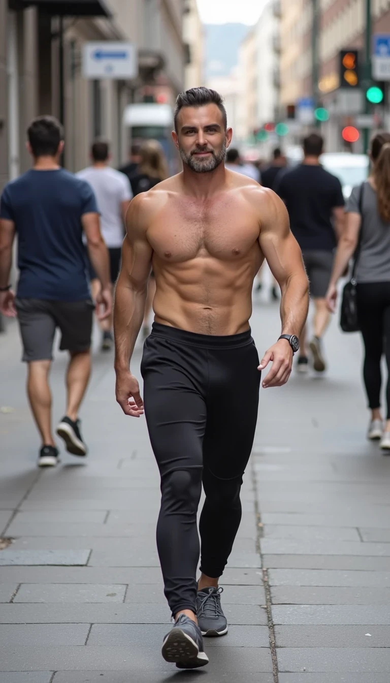 boring low quality snapchat photo circa 2015. Photo of a buff fit man. He’s wearing workout clothes walking on a busy urban street. He is looking at the camera