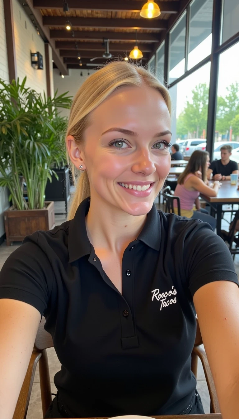 CSTMDL, Hailey, photorealistic portrait of a young woman in her early 20s with fair porcelain skin, smooth complexion, subtle natural makeup with soft pink lips and light eyeliner, straight blonde hair tied back in a neat ponytail, bright blue eyes sparkling with warmth, friendly genuine smile revealing straight white teeth, confident and approachable demeanor, posing for a selfie gazing directly at the viewer with engaging eye contact, drinking a cup of coffee; she is wearing a fitted black short-sleeved polo shirt with a small embroidered logo on the chest reading "Rocco's Tacos" in white lettering, tucked into slim black pants, no visible accessories; set in a modern upscale cafe interior with high ceilings, large floor-to-ceiling windows allowing soft diffused natural daylight to flood in from the right side, creating gentle highlights and soft shadows on her face and clothing, warm ambient hanging pendant lights with golden glow in the background; background details include a tall green potted plant with broad leaves to the left, patrons seated at wooden tables; dominant colors are neutral blacks and grays with pops of green foliage, warm wood tones, and red accents from the food; overall welcoming and lively casual dining atmosphere, evoking freshness; composition is a medium close-up shot from a slight low angle to emphasize approachability, framed centrally with balanced symmetry, captured with a Canon EOS 5D Mark IV camera using a 50mm prime lens at f/2.8 aperture for shallow depth of field, ISO 100 for crisp details, natural window afternoon lighting supplemented by soft indoor LEDs at 4000K color temperature, hyper-realistic textures like the soft cotton weave of the polo shirt, and smooth skin pores; ultra-detailed, hyperrealism, photorealistic rendering indistinguishable from a high-resolution photograph, 8k resolution, sharp focus on the woman and plate with bokeh background.