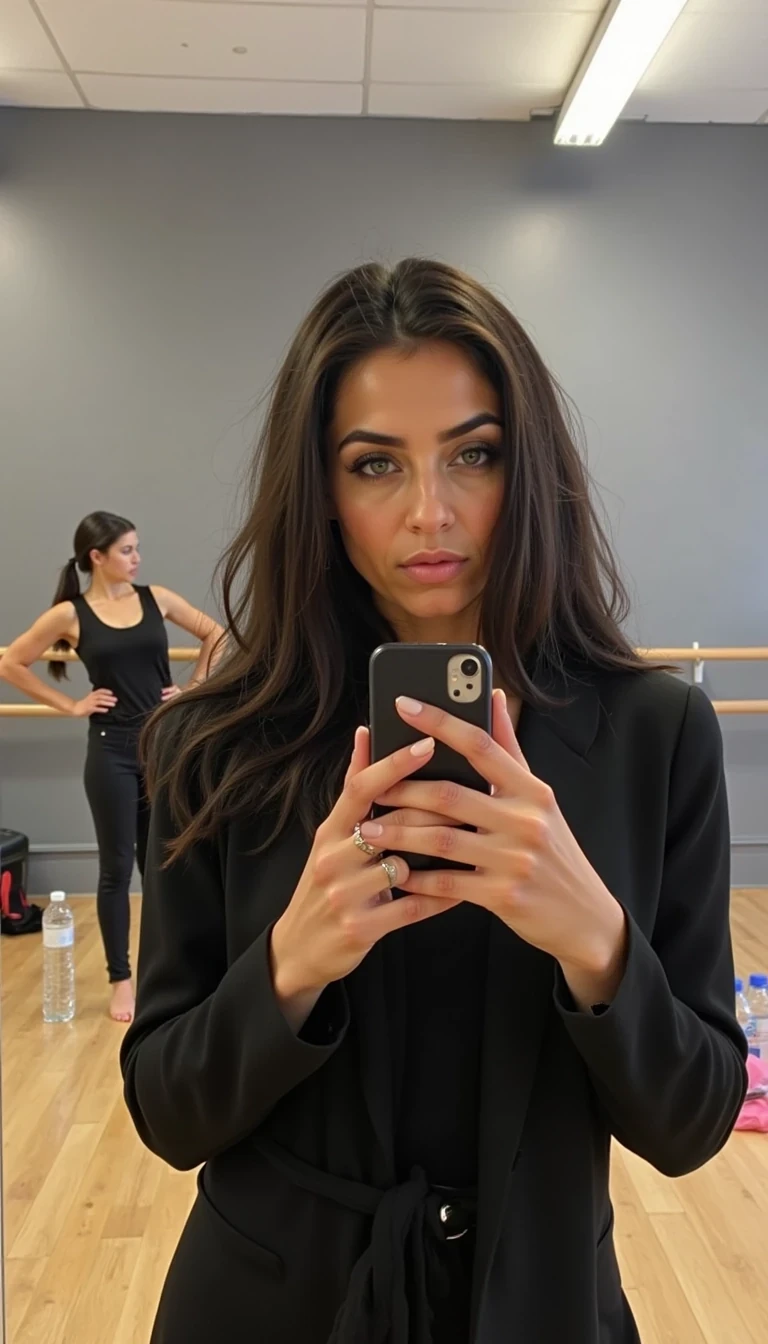 Boring low quality Snapchat photo circa 2013, iPhone 4 mirror shot of CSTMDL in a dance studio after class. Mediterranean woman; golden‑olive skin; extra‑long sleek brunette waves; almond‑shaped green eyes framed by thick black lashes; arched brows; contoured cheekbones; button nose; full nude lips. Skin stays human—pores, flush on cheeks, under‑eye shadows, small forehead texture, oil sheen on nose; peach fuzz and flyaways visible. Pose: relaxed stance, one hand on hip, the other holding phone; classmates stretch in the background with water bottles on the floor. Lighting: mixed cool strip lights and window glare, producing overexposed patches on her cheek and blown reflections on the mirror. Quality: grainy, muted, compression artifacts on hair, mirror streaks