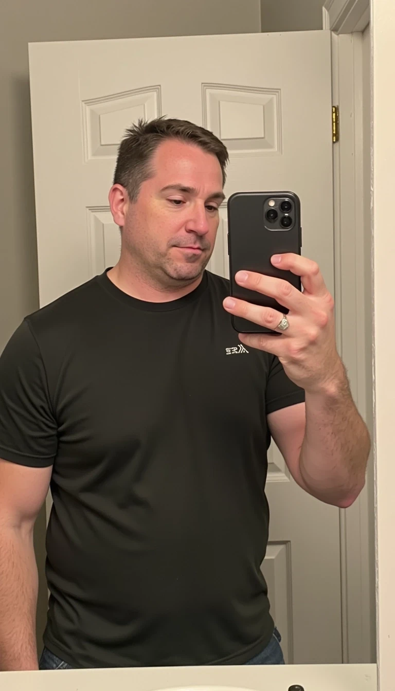 mid distance,  iphone mirror selfie of a mid 40s man CSTMDL with a muscular dad bod. The iPhone is black. he is clean shaven and has a solid colored tshirt on