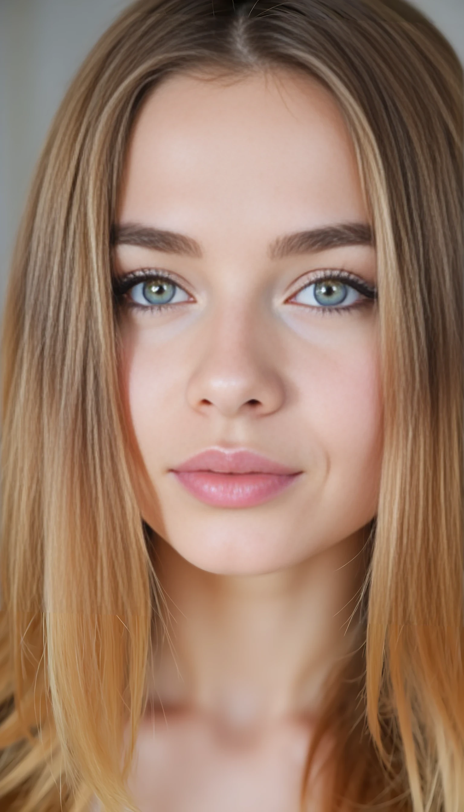 A portrait photo of a beautiful 20 years old woman, mixed ethnicity of half white American half Brazilian, with blonde hair, ultra detailed eyes with sharp iris reflections, slight smile, high-quality