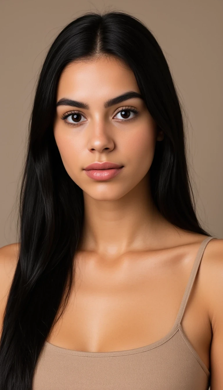 A hyper-realistic portrait of a beautiful young woman in her early twenties with long, straight, silky black hair reaching past her shoulders. Her skin is smooth, warm, and naturally radiant with a healthy glow. She has large, deep brown eyes framed by perfectly shaped eyebrows and long dark lashes, giving her gaze both softness and confidence. Her lips are full with a natural tone, and her elegant, symmetrical face has a refined, heart-shaped structure with delicate cheekbones and a defined jawline. She is wearing a simple, fitted, neutral-toned top that enhances her natural beauty. The woman is captured in three angles: looking slightly to the left, directly into the camera, and slightly to the right, creating a balanced series of portraits. The background is plain and softly blurred in beige tones, focusing all attention on her timeless elegance, natural allure, and calm yet powerful presence.