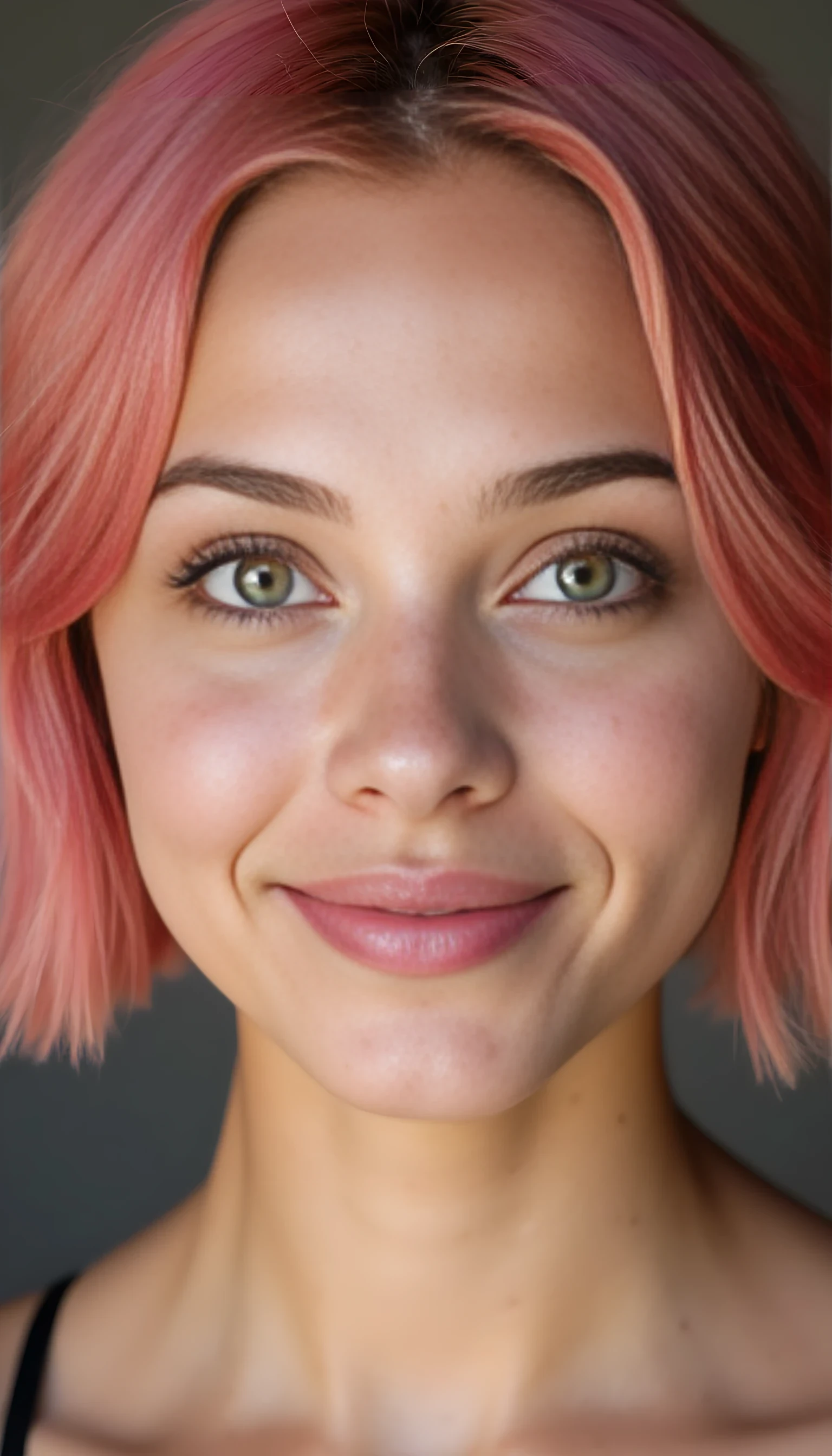 A studio-quality full-face portrait photo of a beautiful 20 years old model, mixed ethnicity of half white American half Brazilian, with natural pink hair and freckles, cute face, ultra detailed green eyes with sharp iris reflections, slight smile, high-quality