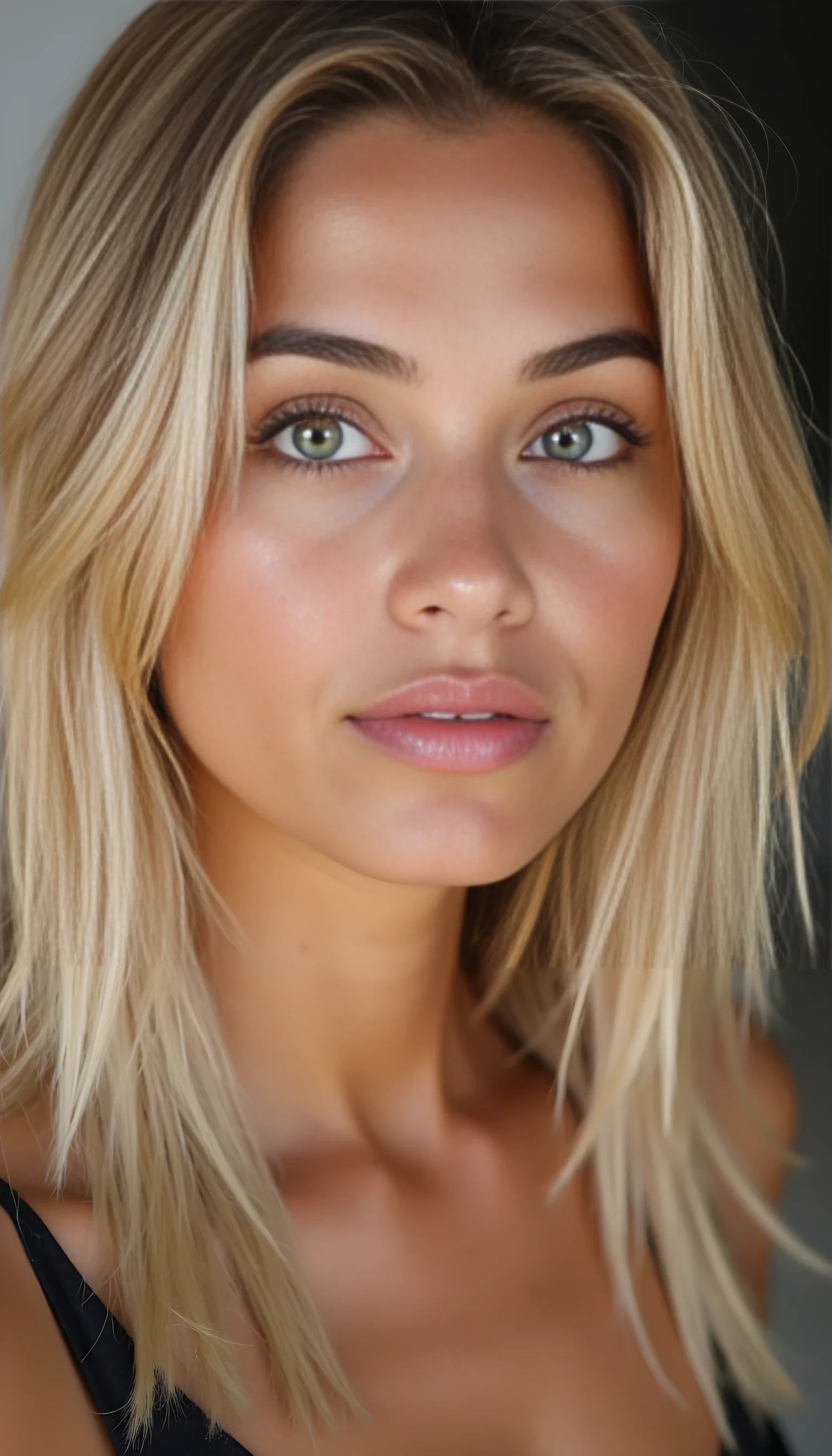A portrait photo of a beautiful 20 years old young model, mixed ethnicity of half white American half Brazilian, with blonde hair, ultra detailed eyes with sharp iris reflections, slight smile, studio high-quality