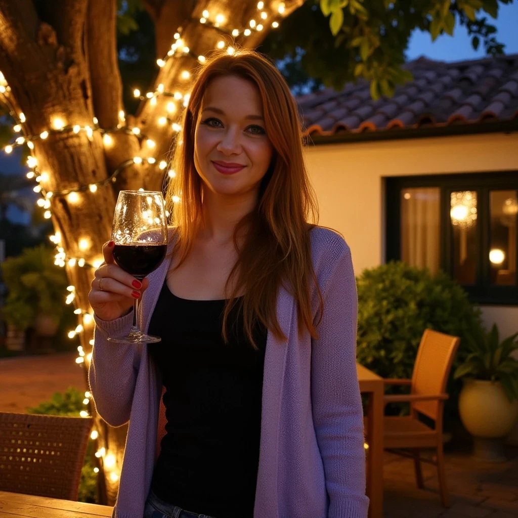 A full body shot photo of a woman standing outdoors at a cozy, warmly lit patio in the evening, with soft, glowing lights wrapped around a tree behind them creating a charming atmosphere. The image is rich in detail, with warm tones and clear textures throughout. The woman has fair skin, a slim build, and long reddish-blonde hair, also worn loose. She is smiling warmly at the camera, holding a glass of red wine in her right hand, and wears a soft-textured lavender cardigan over a black top. The background features a large tree with sparkling string lights wrapped around its trunk and branches, adding a magical touch to the scene. The setting suggests a private outdoor seating area, with elements like terracotta-tiled roofing, greenery, and rattan chairs contributing to a serene, inviting vibe. The overall composition is balanced, with the woman framed against the softly glowing tree, and the lighting enhances the warm, intimate feel of a quiet evening shared among friends. The details are vivid, with textures of clothing, skin, and background elements clearly visible, while the warm lighting creates a relaxed and joyful mood