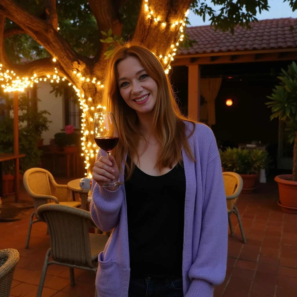 A full body shot photo of a woman standing outdoors at a cozy, warmly lit patio in the evening, with soft, glowing lights wrapped around a tree behind them creating a charming atmosphere. The image is rich in detail, with warm tones and clear textures throughout. The woman has fair skin, a slim build, and long reddish-blonde hair, also worn loose. She is smiling warmly at the camera, holding a glass of red wine in her right hand, and wears a soft-textured lavender cardigan over a black top. The background features a large tree with sparkling string lights wrapped around its trunk and branches, adding a magical touch to the scene. The setting suggests a private outdoor seating area, with elements like terracotta-tiled roofing, greenery, and rattan chairs contributing to a serene, inviting vibe. The overall composition is balanced, with the woman framed against the softly glowing tree, and the lighting enhances the warm, intimate feel of a quiet evening shared among friends. The details are vivid, with textures of clothing, skin, and background elements clearly visible, while the warm lighting creates a relaxed and joyful mood