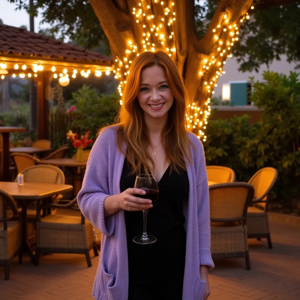 A full body shot photo of a woman standing outdoors at a cozy, warmly lit patio in the evening, with soft, glowing lights wrapped around a tree behind them creating a charming atmosphere. The image is rich in detail, with warm tones and clear textures throughout. The woman has fair skin, a slim build, and long reddish-blonde hair, also worn loose. She is smiling warmly at the camera, holding a glass of red wine in her right hand, and wears a soft-textured lavender cardigan over a black top. The background features a large tree with sparkling string lights wrapped around its trunk and branches, adding a magical touch to the scene. The setting suggests a private outdoor seating area, with elements like terracotta-tiled roofing, greenery, and rattan chairs contributing to a serene, inviting vibe. The overall composition is balanced, with the woman framed against the softly glowing tree, and the lighting enhances the warm, intimate feel of a quiet evening shared among friends. The details are vivid, with textures of clothing, skin, and background elements clearly visible, while the warm lighting creates a relaxed and joyful mood