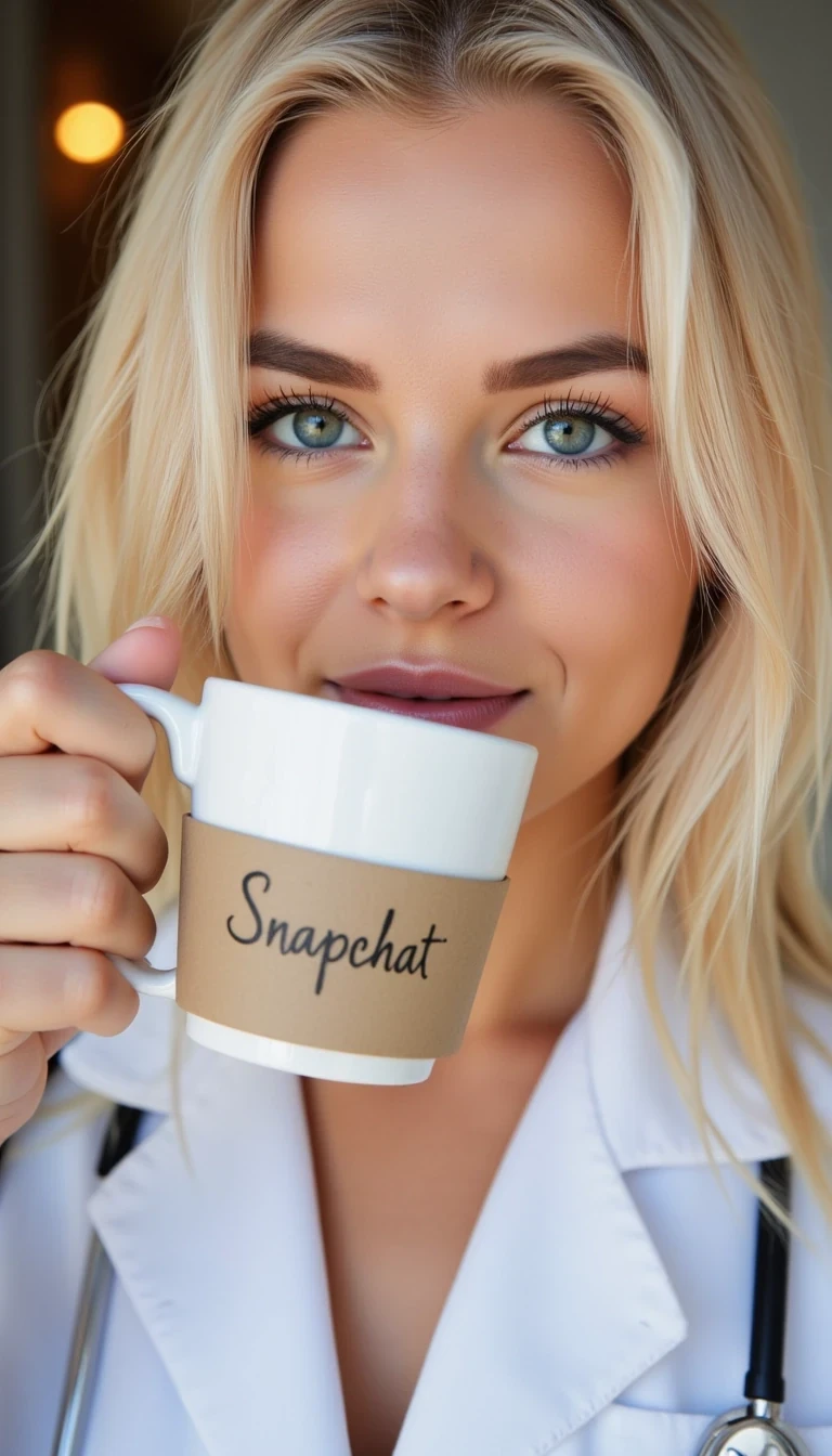 CSTMDL Snapchat low quality selfie nurse blonde girl with a coffee