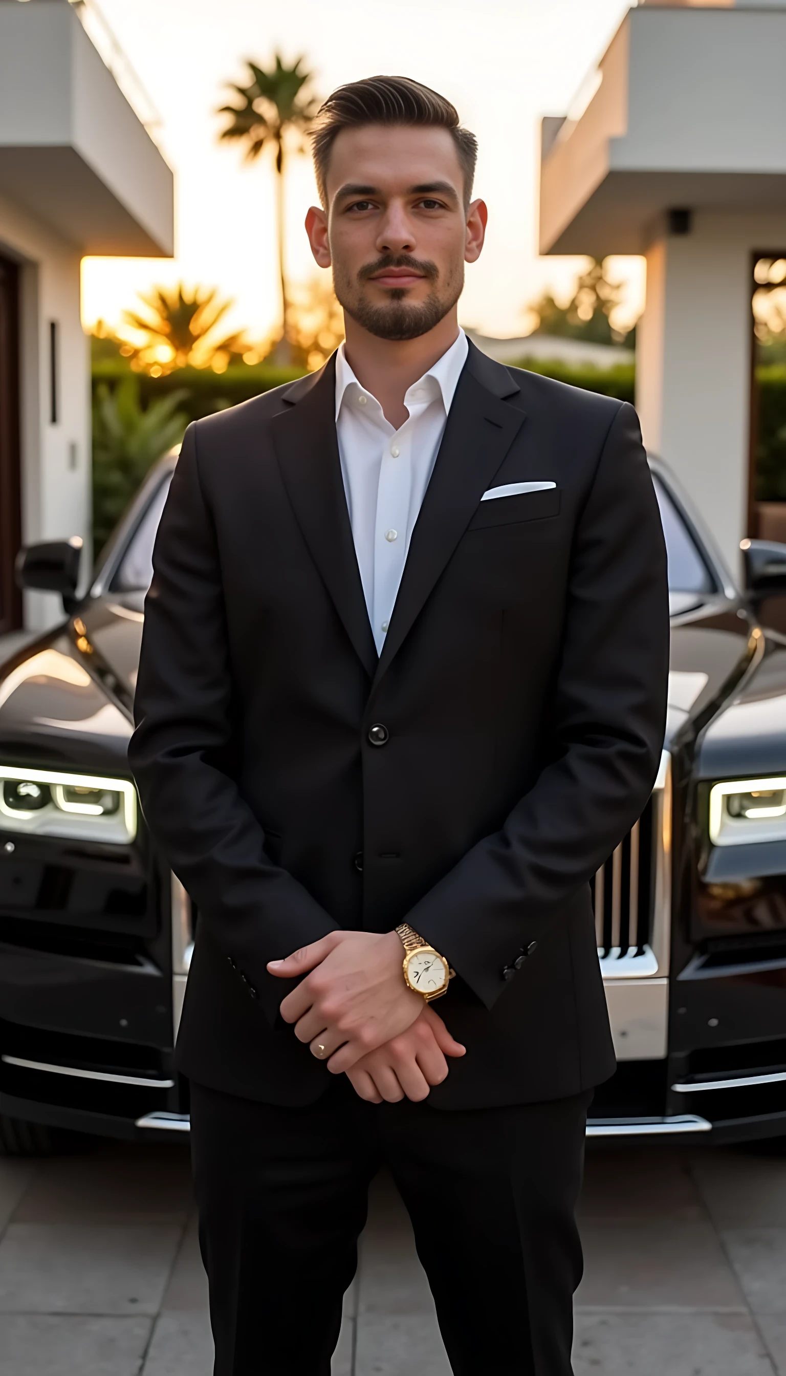 "A hyper-realistic photo of the same man standing confidently in front of a black Mansory Rolls-Royce Phantom. He is dressed in a tailored black suit, wearing a gold watch, and slightly smiling. The scene is set in front of a modern luxury villa at golden hour, with clean architecture, palm trees, and soft sunset lighting. Cinematic angle, rich shadows, realistic facial detail, shallow depth of field, expensive vibe."