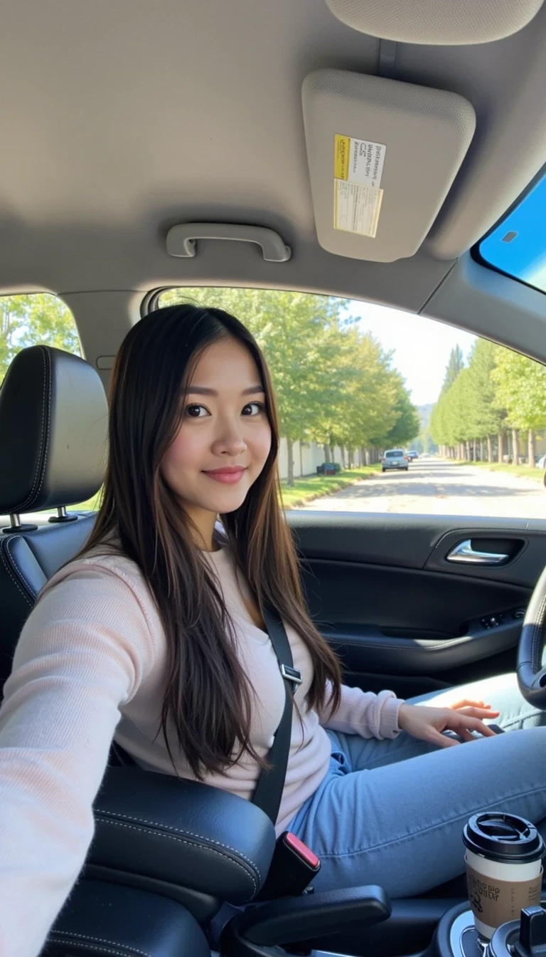 boring low quality snapchat photo circa 2015, Hana CSTMDL with a warm smile, sitting in the driver's seat of a cozy car. She has soft, wavy brown hair cascading past her shoulders. The sunlight streams through the window, casting a gentle glow on her face. The interior of the car is neat and comfortable, with a coffee cup in the cup holder and a small plant on the dashboard. The background outside the window shows a scenic road lined with trees and blue skies