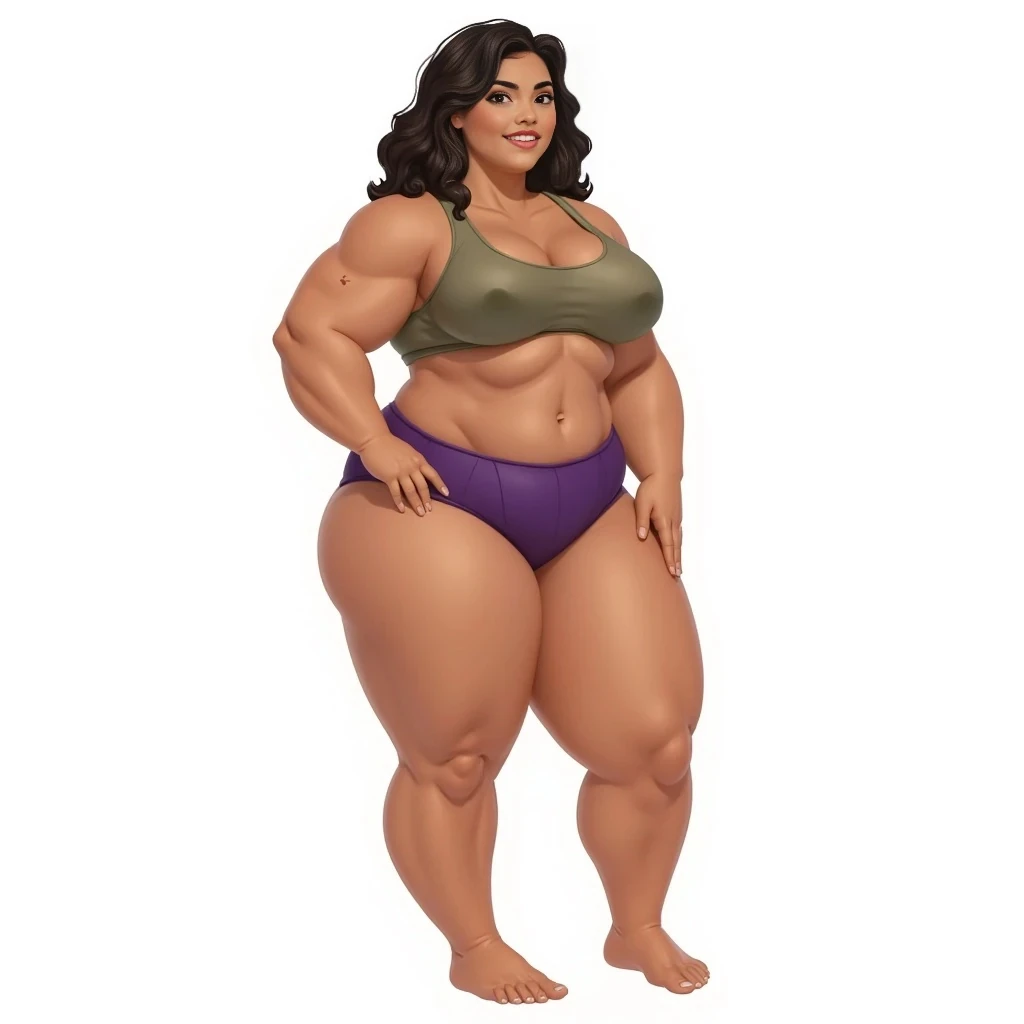 athletic body type with a curvy, hourglass figure. About 5’6” tall with broad, strong shoulders, toned arms, a full chest, a defined waist, and wide hips. Her stomach has visible tone but is soft and natural. Her legs are thick and powerful, with strong thighs and well-defined calves. Her skin is smooth, with a few small freckles visible on her upper arms and shoulders.