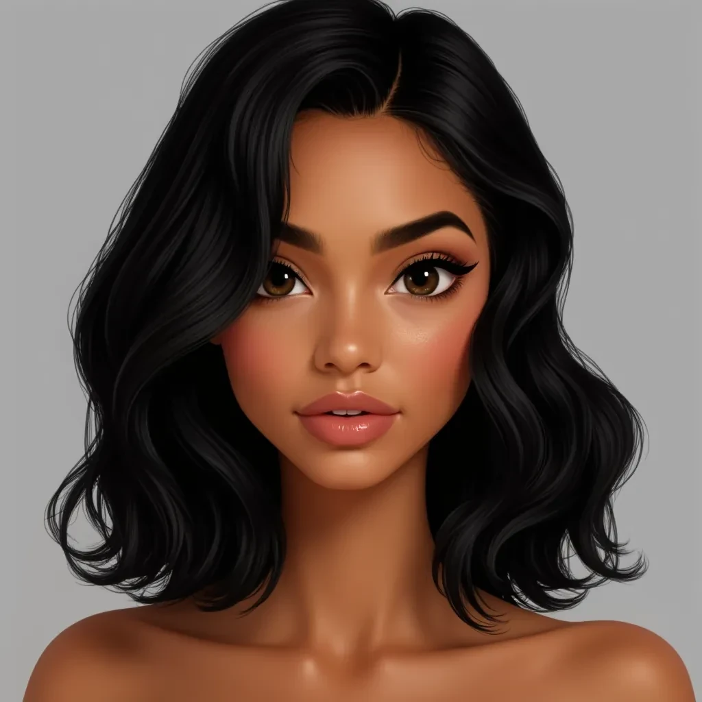 A realistic WHite american woman in her mid-20s with a warm caramel skin tone and subtle golden undertones. She has a naturally glowing complexion and an oval-shaped face with softly sculpted cheekbones. Her eyes are large, almond-shaped, and deep brown, framed by thick, natural eyebrows with a gentle arch and long, curled eyelashes. Her nose is medium-width, straight, and slightly curved at the tip. Her lips are full and naturally rosy with a defined cupid’s bow.

Her hair is jet black, thick, and healthy-looking, styled in loose, natural waves that fall just below her shoulders. It's parted slightly off-center, giving a casual yet polished appearance.