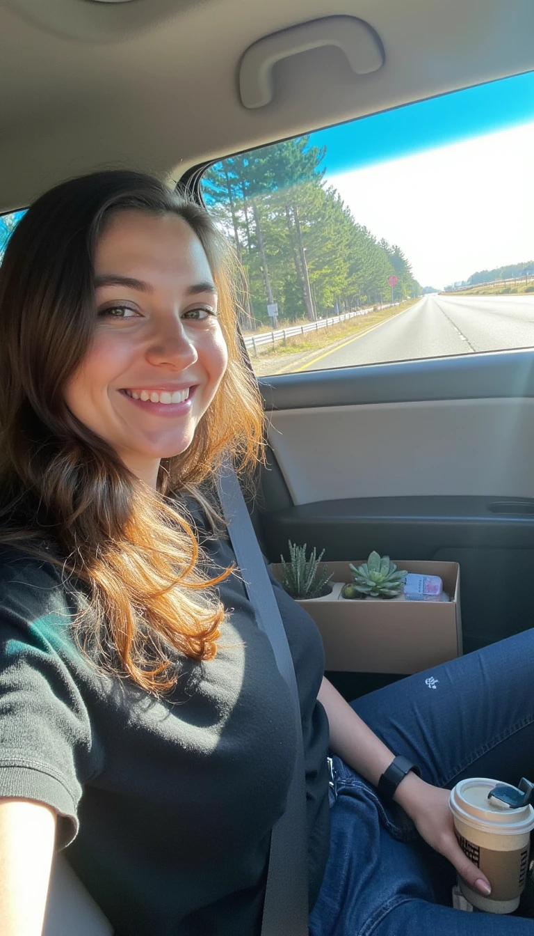 boring low quality snapchat photo circa 2015, A young big breasted woman with a warm smile, sitting in the driver's seat of a cozy car. She has soft, wavy brown hair cascading past her shoulders. The sunlight streams through the window, casting a gentle glow on her face. The interior of the car is neat and comfortable, with a coffee cup in the cup holder and a small plant on the dashboard. The background outside the window shows a scenic road lined with trees and blue skies